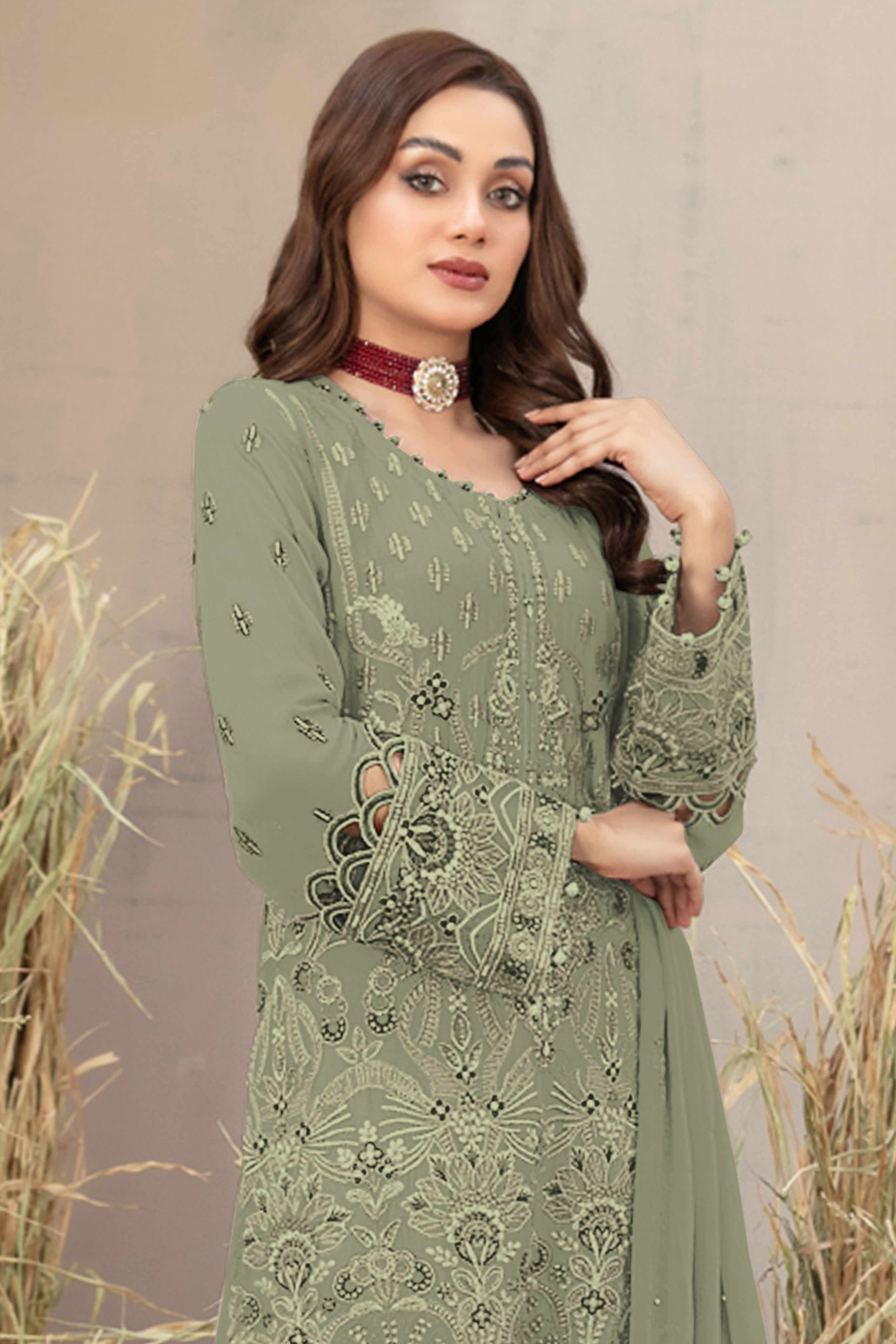 Pastel Green Floral Embroidered Heavy Georgette Dress Material