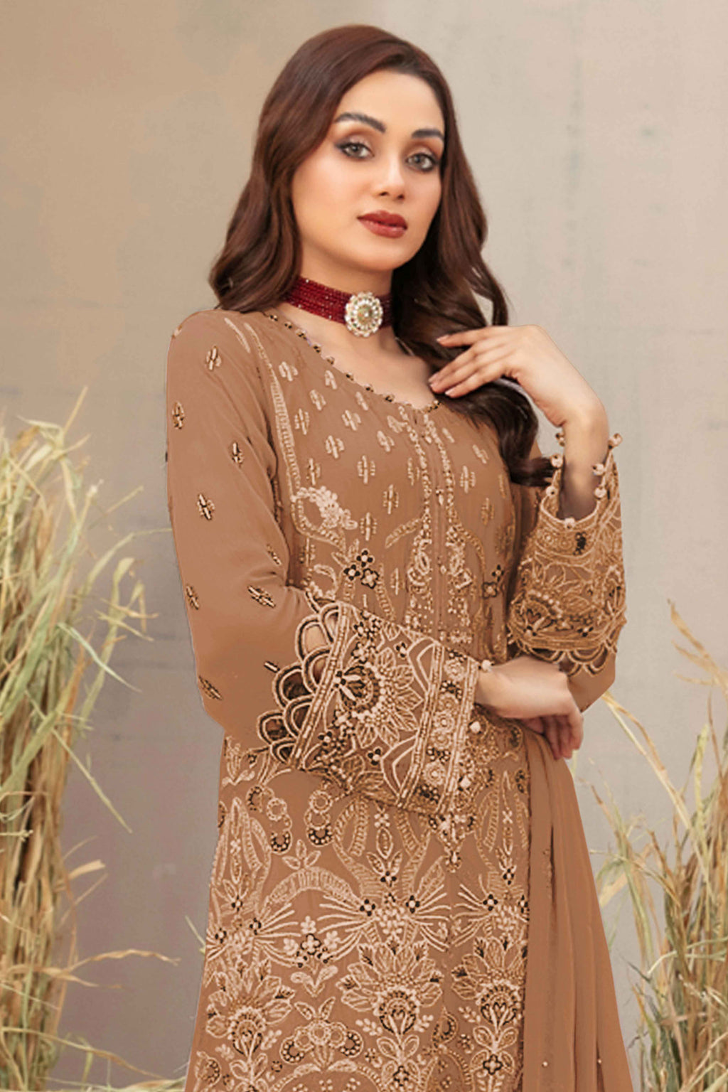 Chikoo Floral Embroidered Heavy Georgette Dress Material