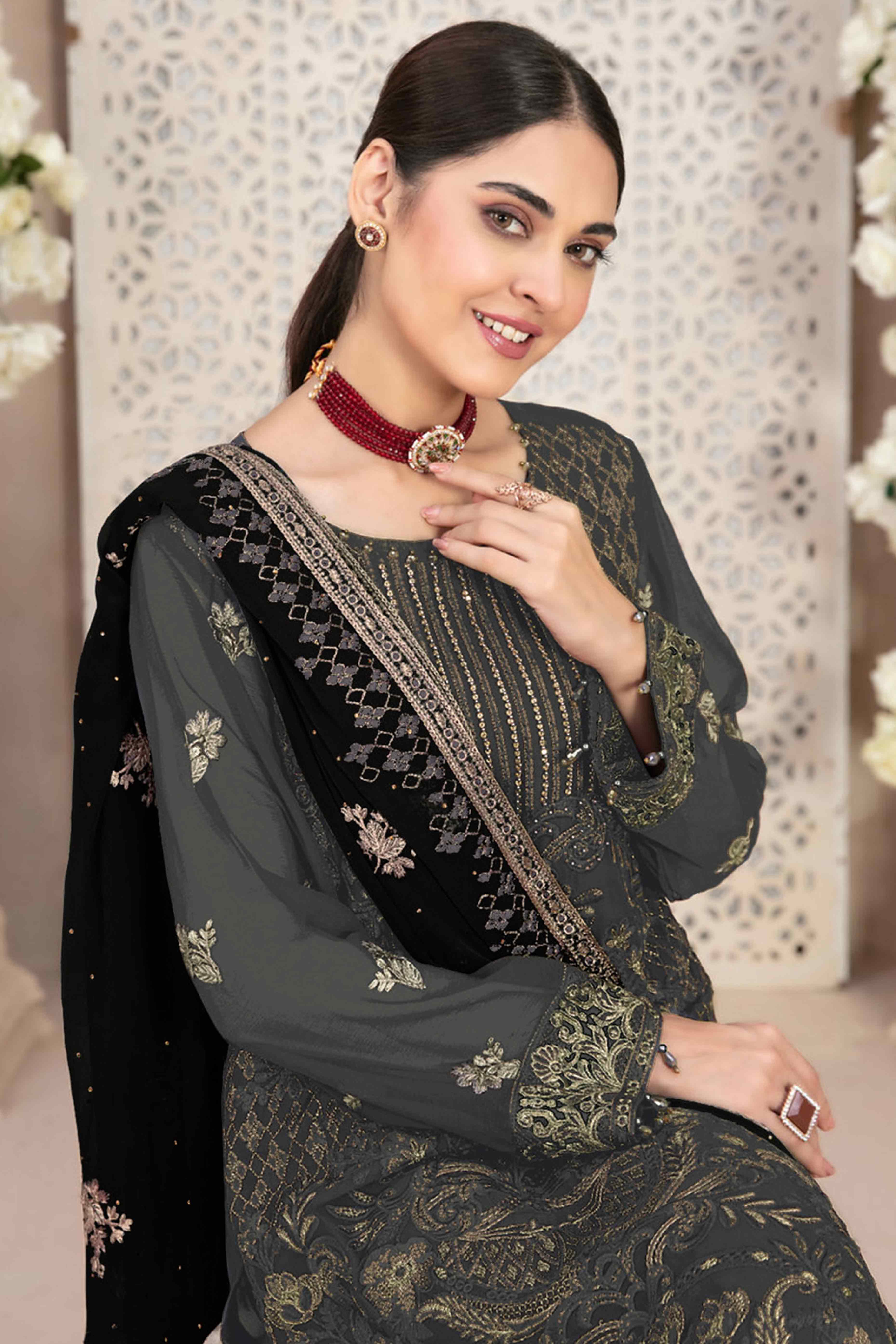 Grey Floral Embroidered Georgette Dress Material