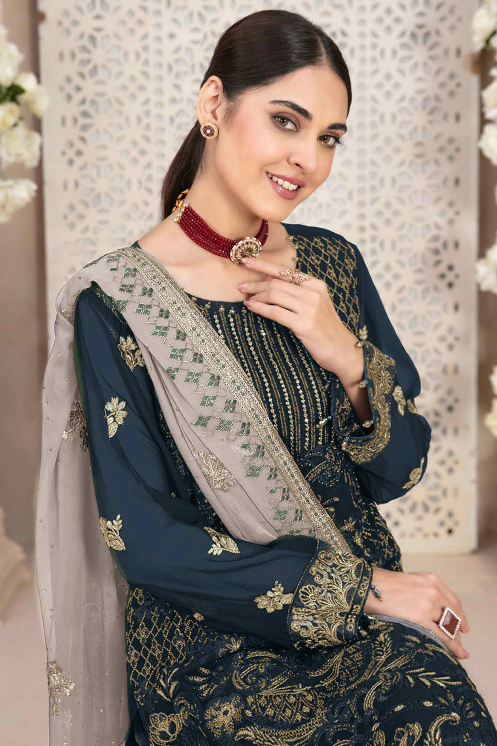Navy Blue Floral Embroidered Georgette Dress Material