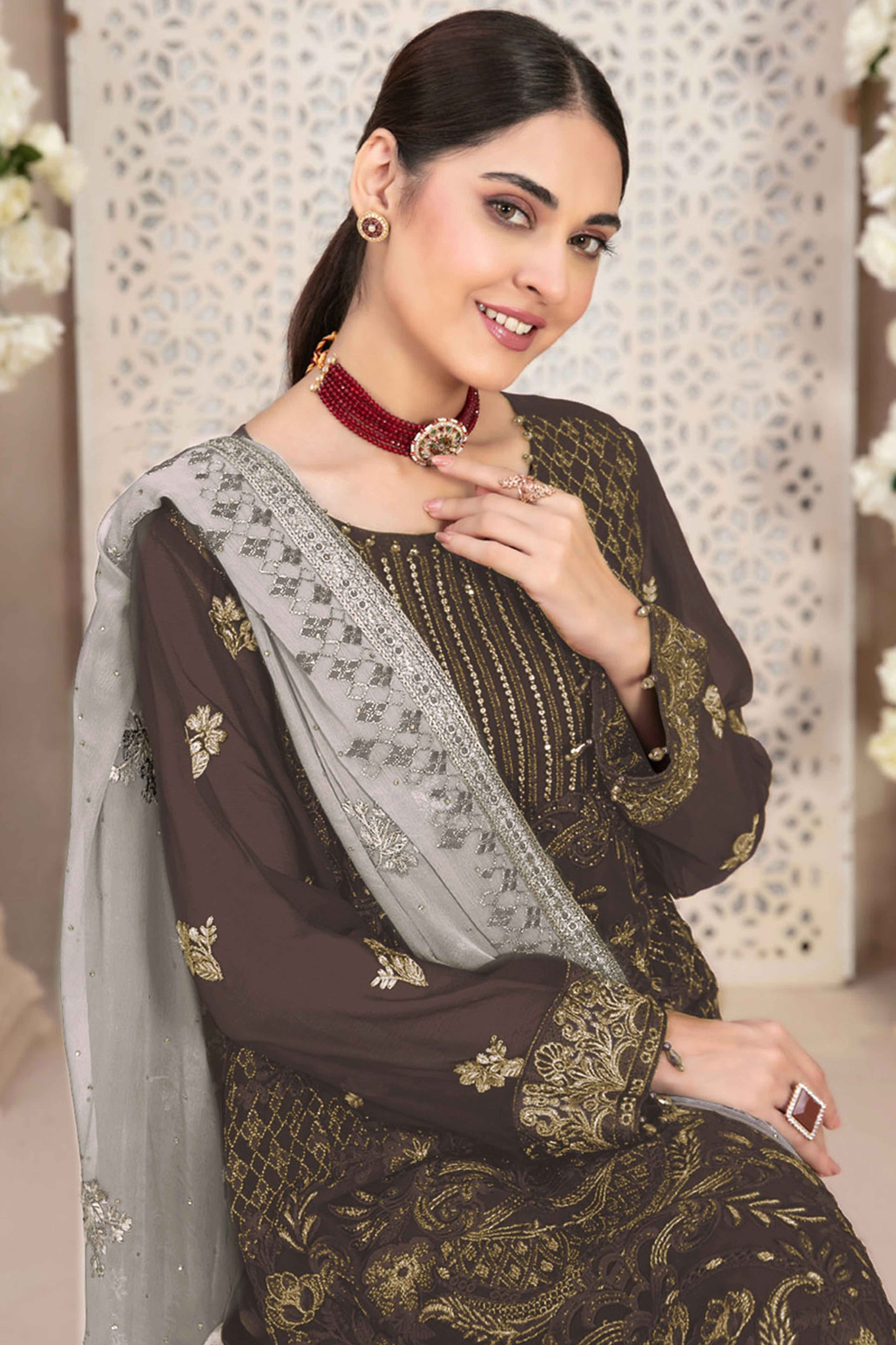Brown Floral Embroidered Georgette Dress Material