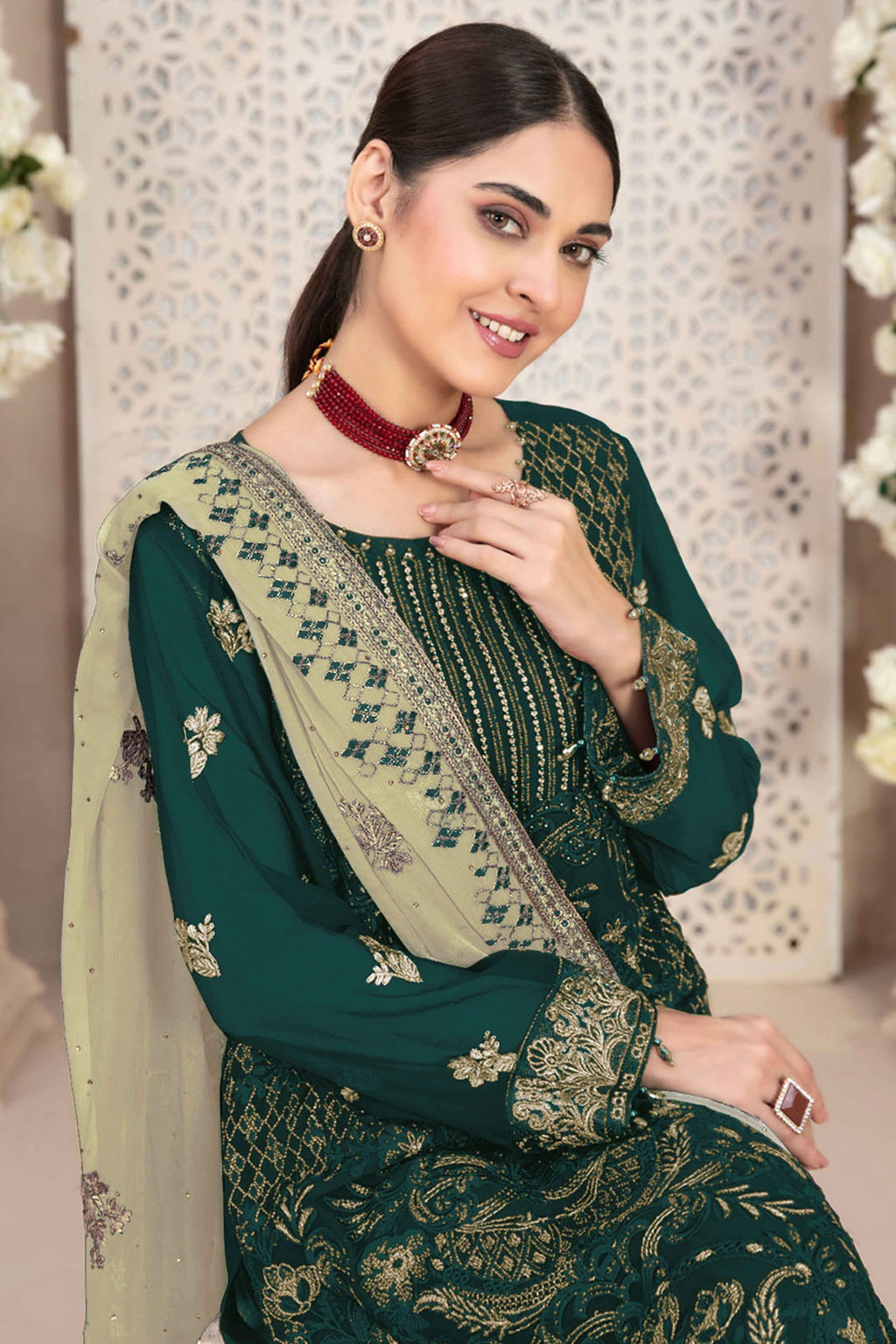 Green Floral Embroidered Georgette Dress Material