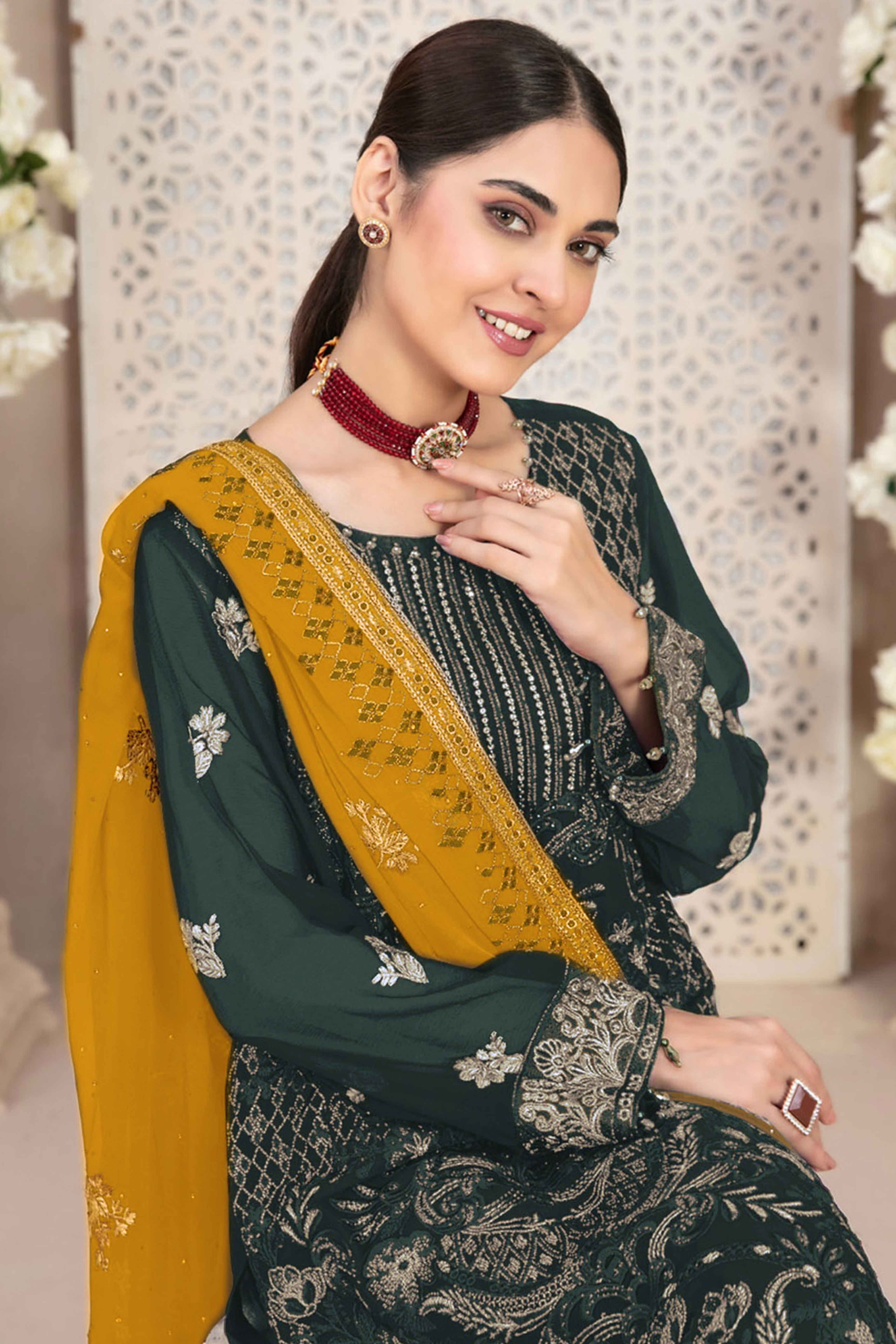 Mehendi Green Floral Embroidered Georgette Dress Material