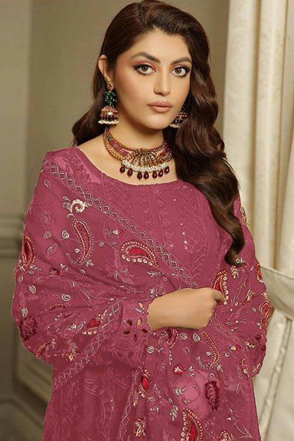 Dusty Pink Heavy Embroidered Work Georgette Dress Material