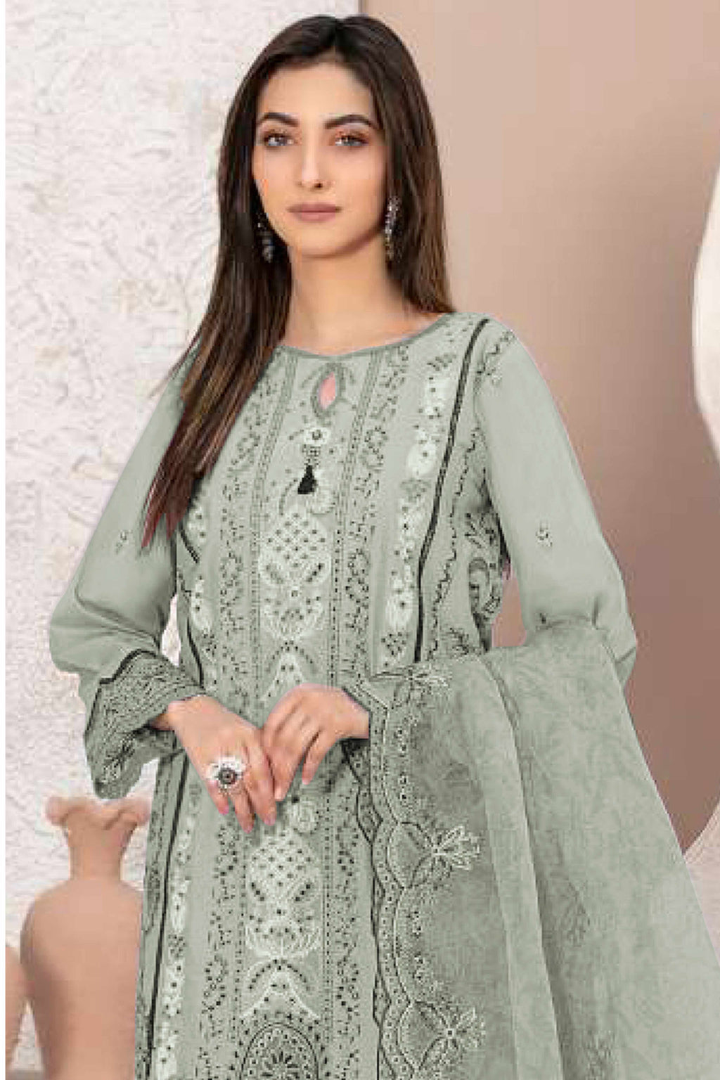 Dusty Green Floral Design Dress Material Crafted from Lightweight Georgette Fabric