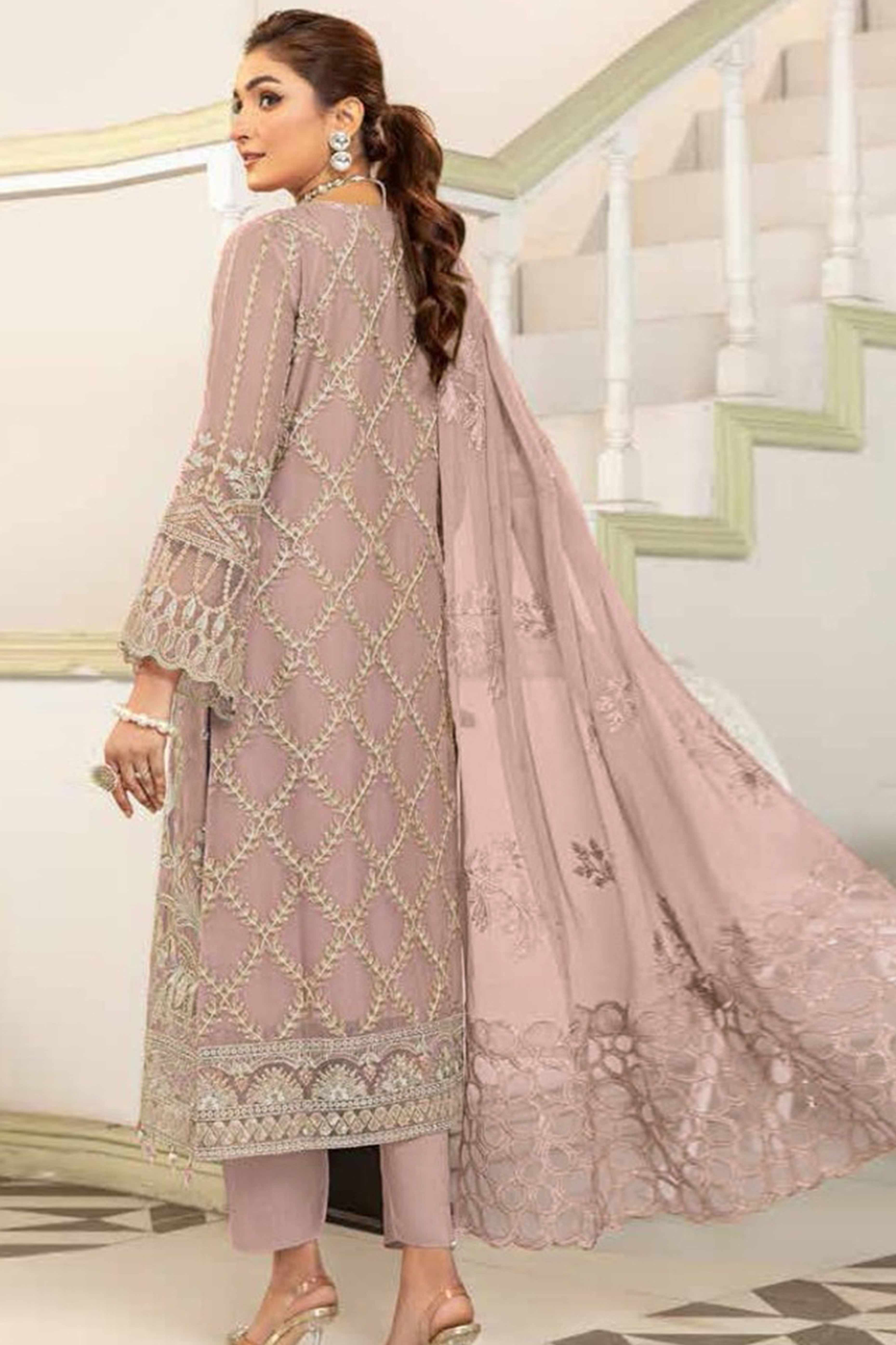 Dusty Rose Floral Design Dress Material Crafted from Lightweight Georgette Fabric