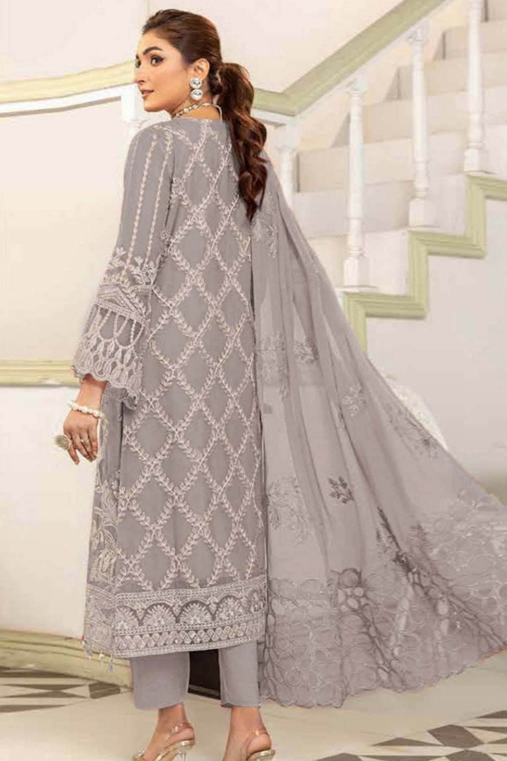 Light Grey Floral Design Dress Material Crafted from Lightweight Georgette Fabric