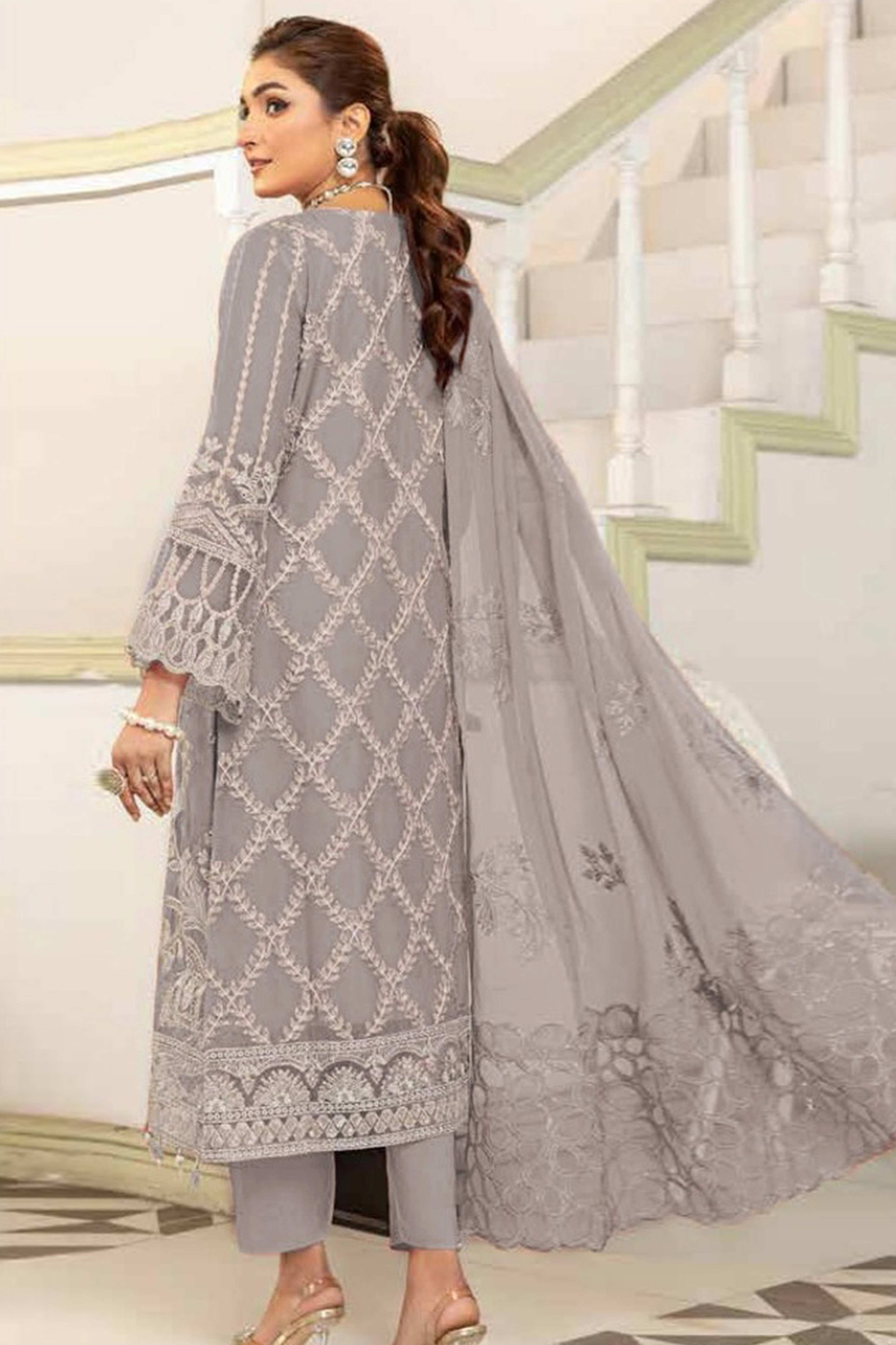 Light Grey Floral Design Dress Material Crafted from Lightweight Georgette Fabric