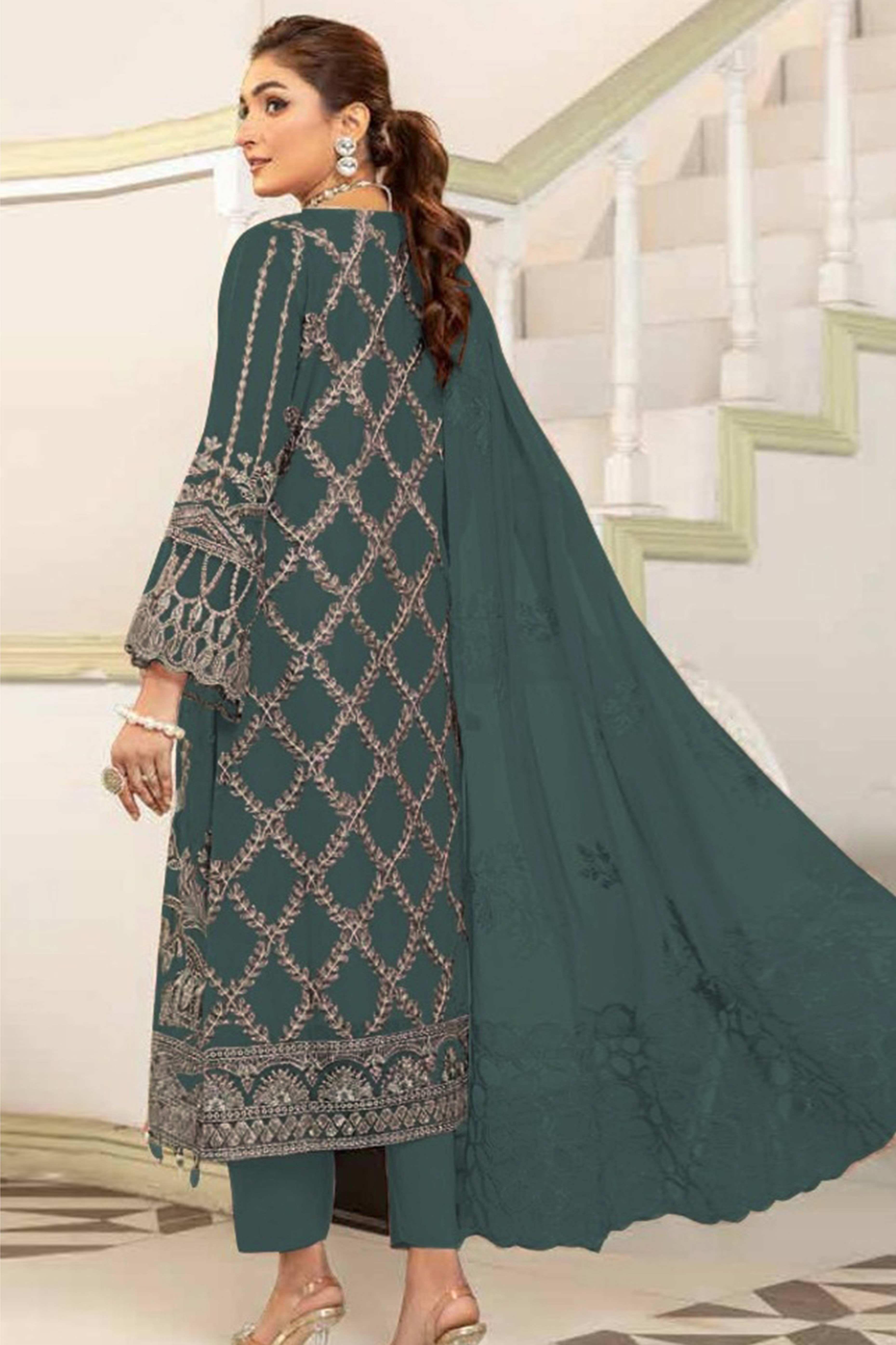 Dusty Green Floral Design Dress Material Crafted from Lightweight Georgette Fabric
