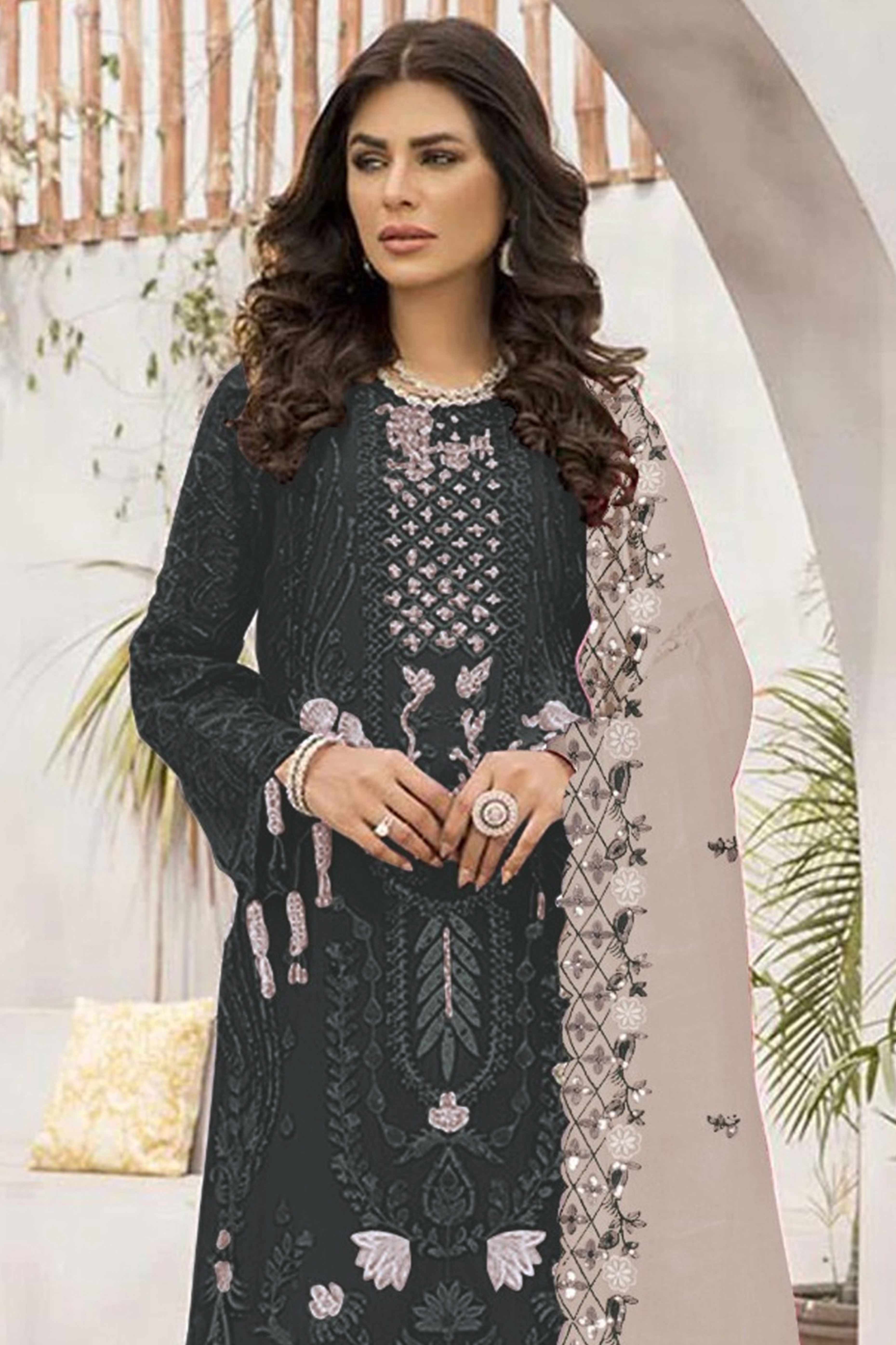 Dark Green Floral Design Dress Material Crafted from Lightweight Georgette Fabric