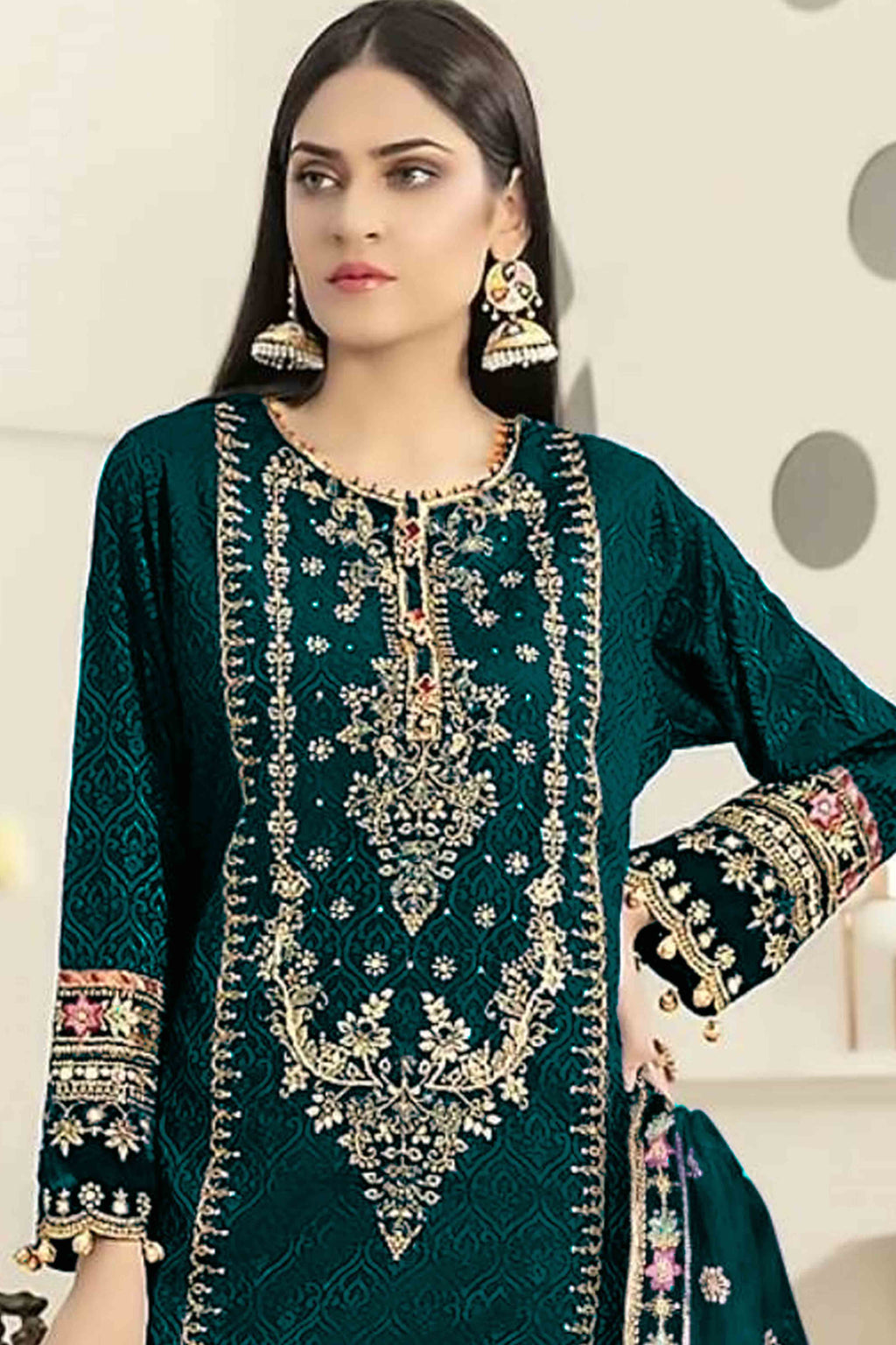 Bottle Green Velvet Dress Material Adorned with Sequins & Thread Embroidery