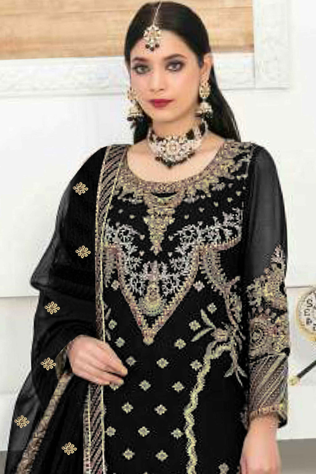 Black Velvet Dress Material Adorned with Sequins & Thread Embroidery