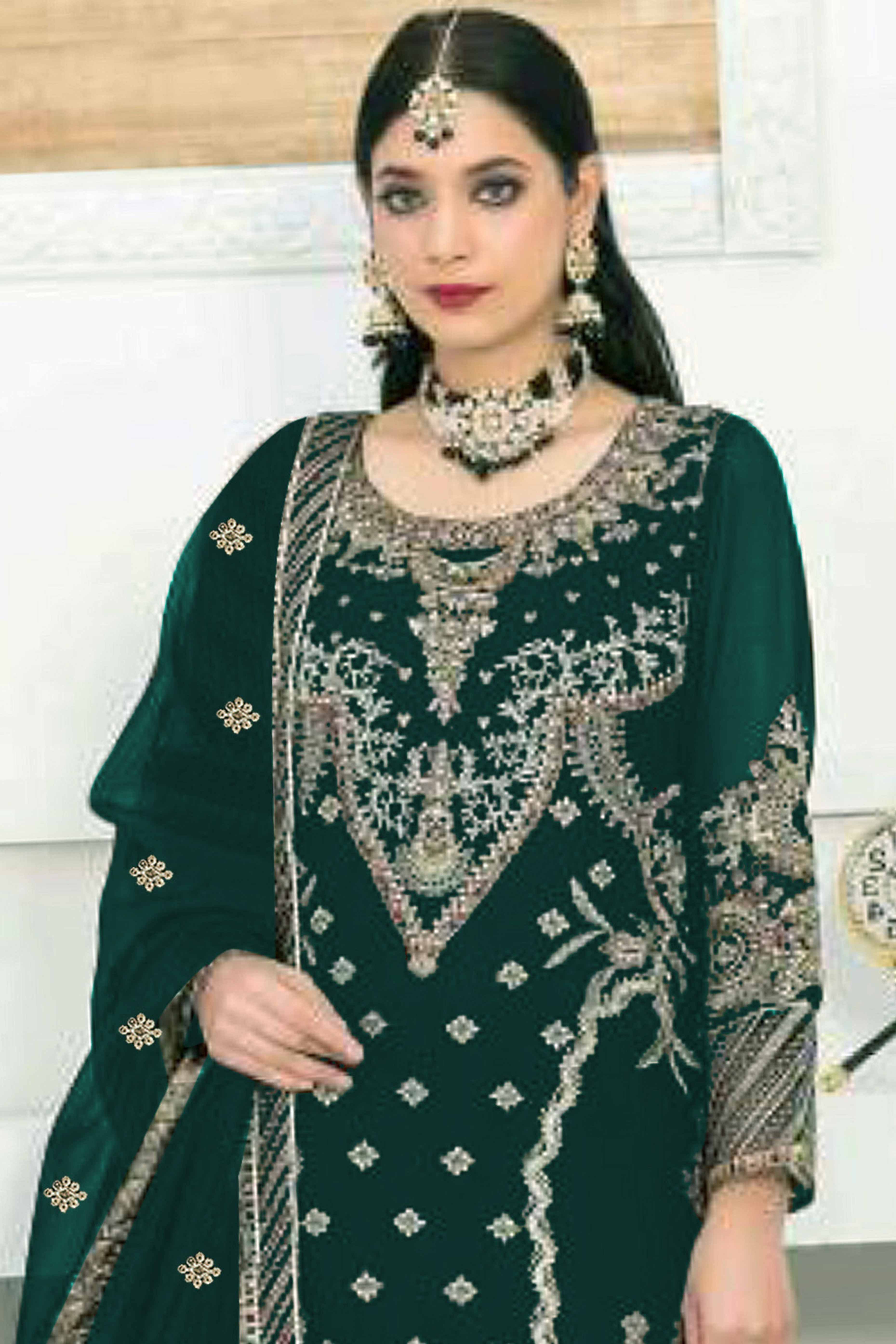 Green Velvet Dress Material Adorned with Sequins & Thread Embroidery