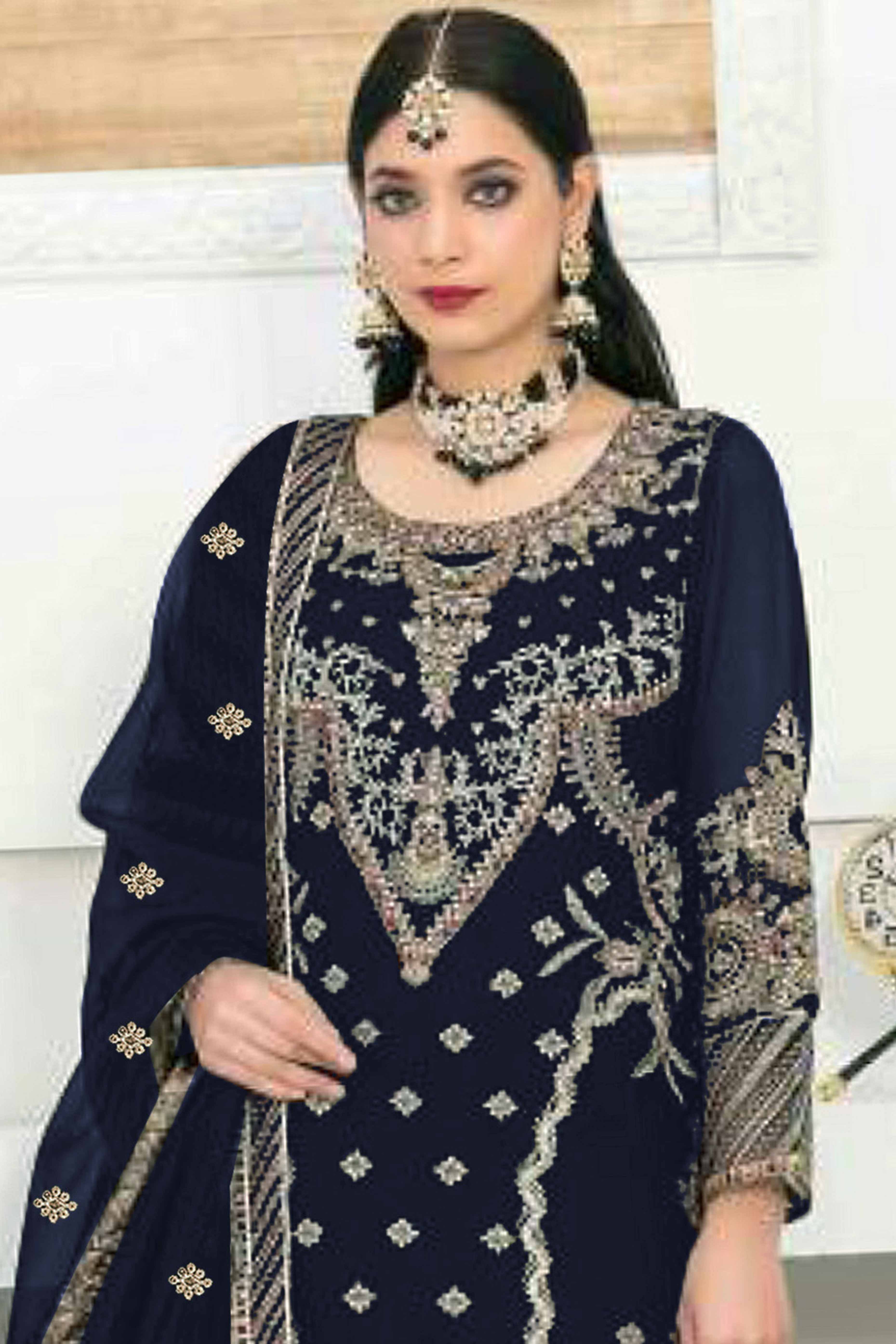 Navy Blue Velvet Dress Material Adorned with Sequins & Thread Embroidery