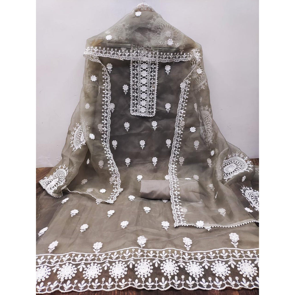Grey Floral Embroidered Organza Dress Material