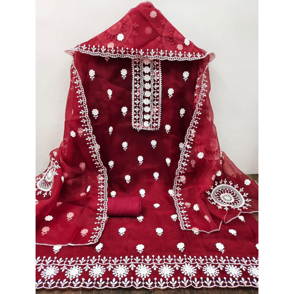 Maroon Floral Embroidered Organza Dress Material