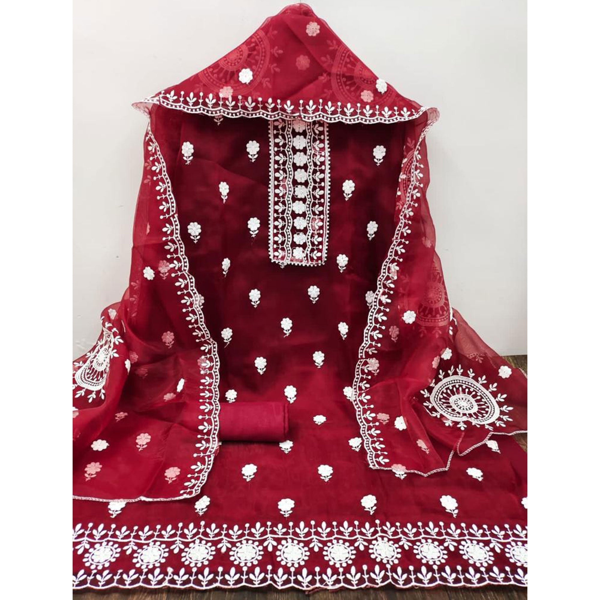 Maroon Floral Embroidered Organza Dress Material