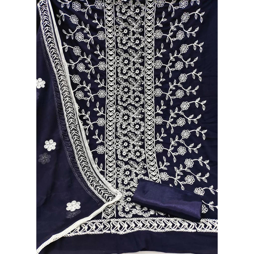 Navy Blue Floral Embroidered Georgette Dress Material