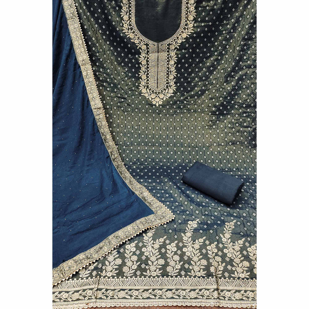 Blue Floral Woven With Stonework Jacquard Dress Material