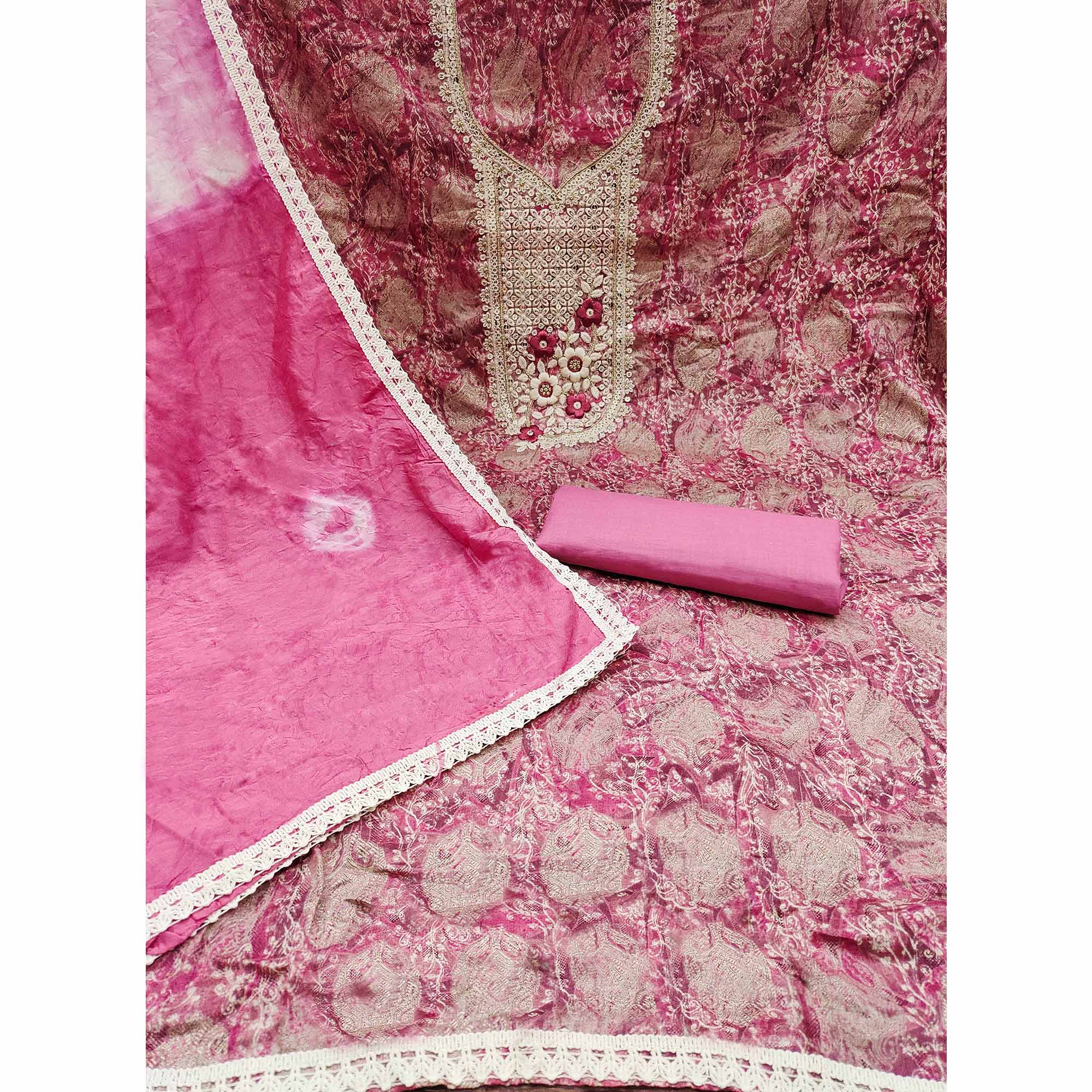 Pink Floral Embroidered Pure Cotton Dress Material