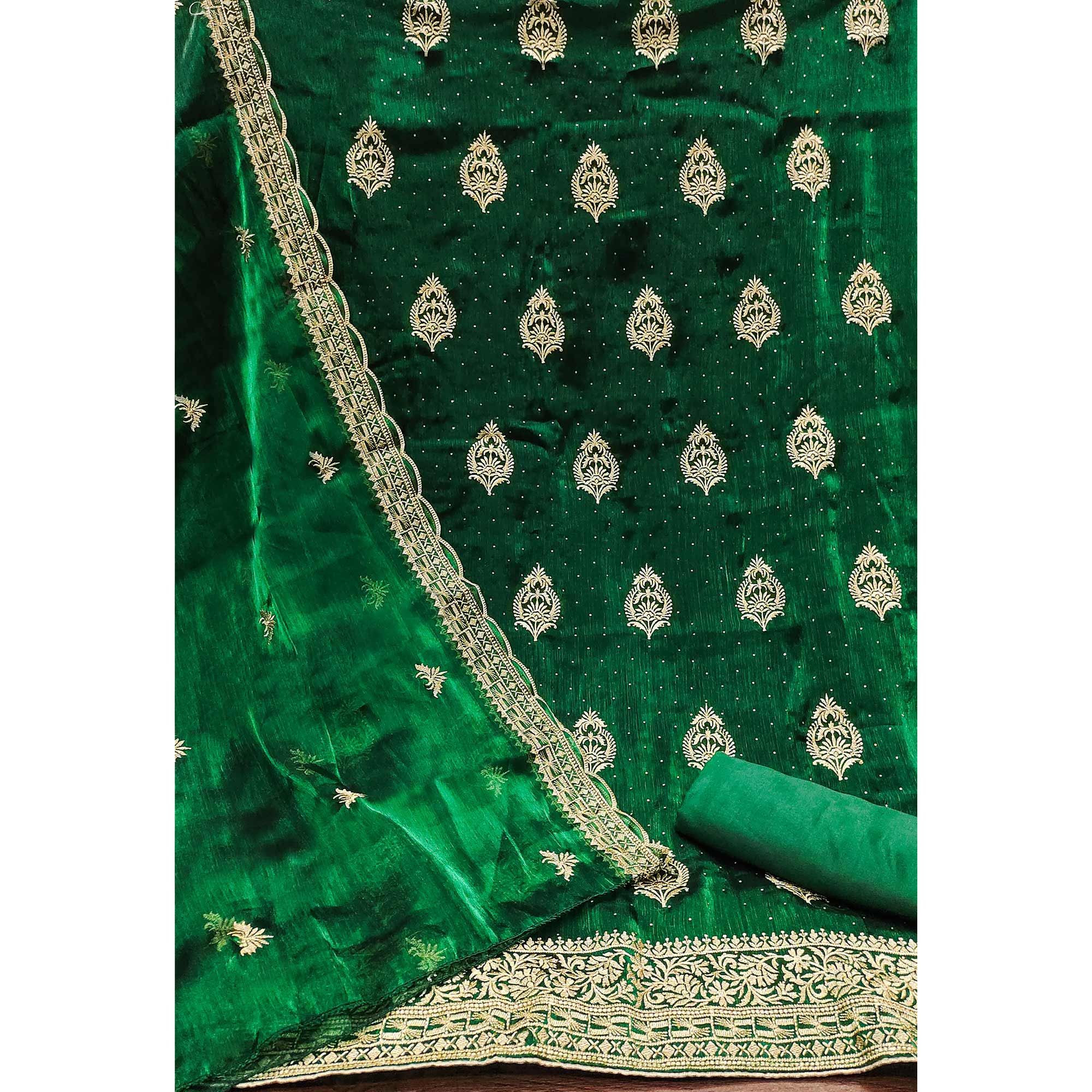 Green Floral Embroidery With Stonework Mulberry Silk Dress Material