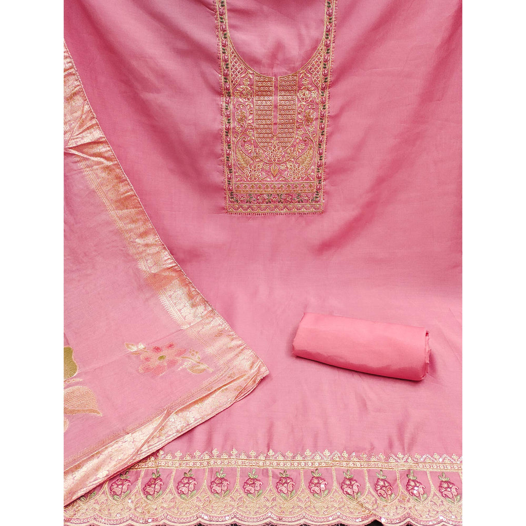 Pink Floral Sequins Embroidered Roman Cotton Silk Dress Material