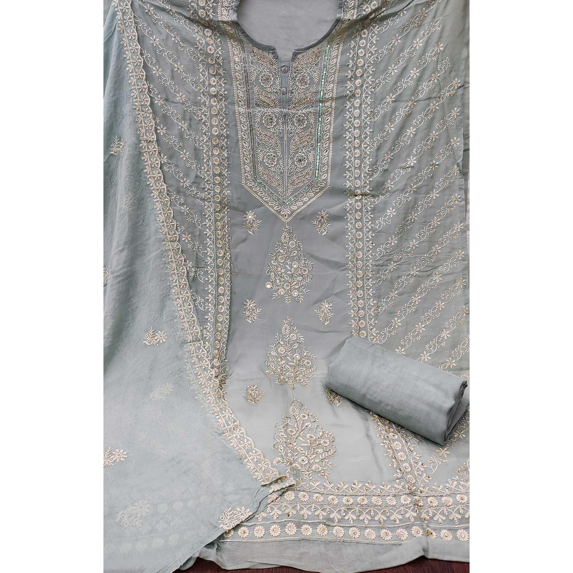 Grey Floral Sequins Embroidered Organza Dress Material