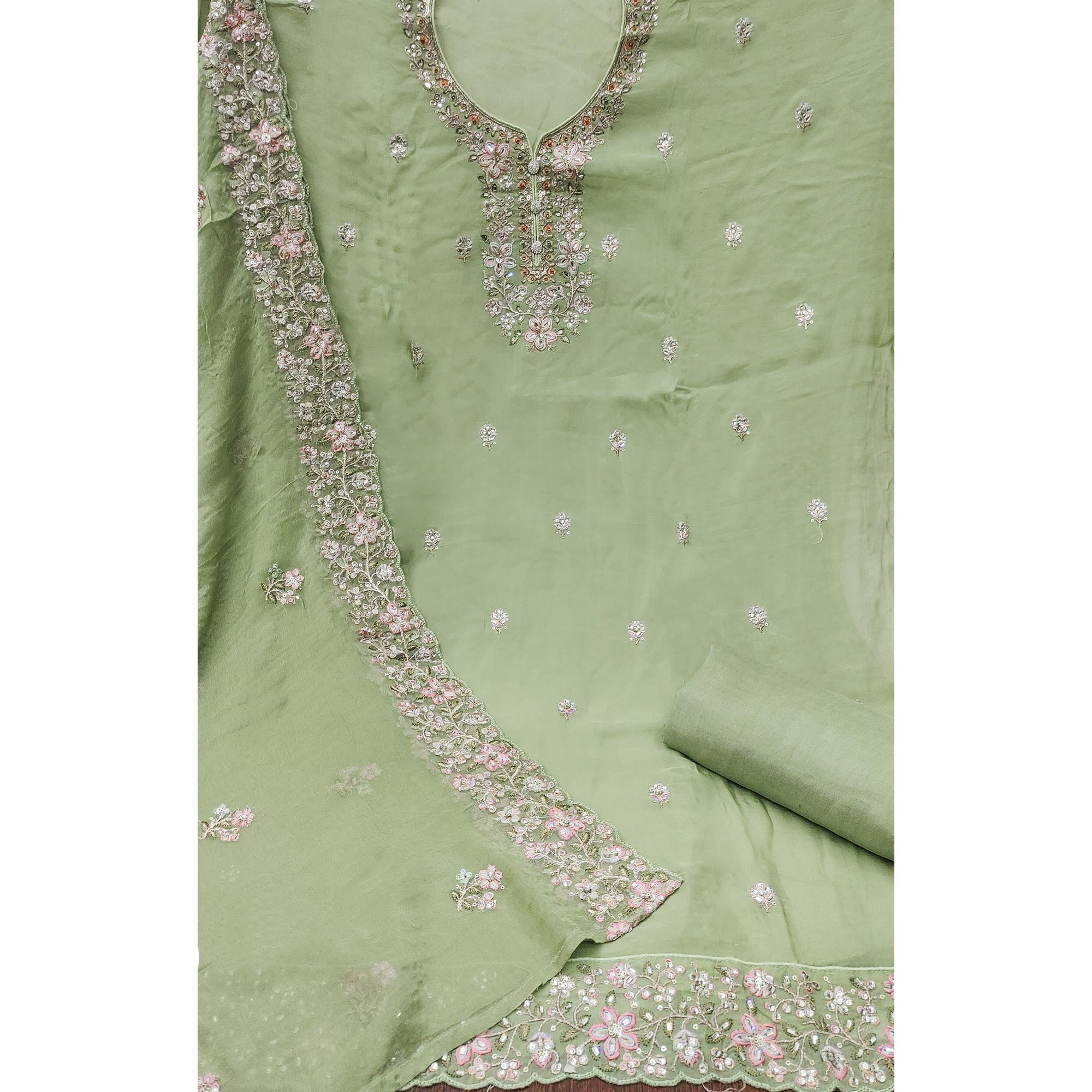 Green Floral Sequins Embroidered Organza Dress Material