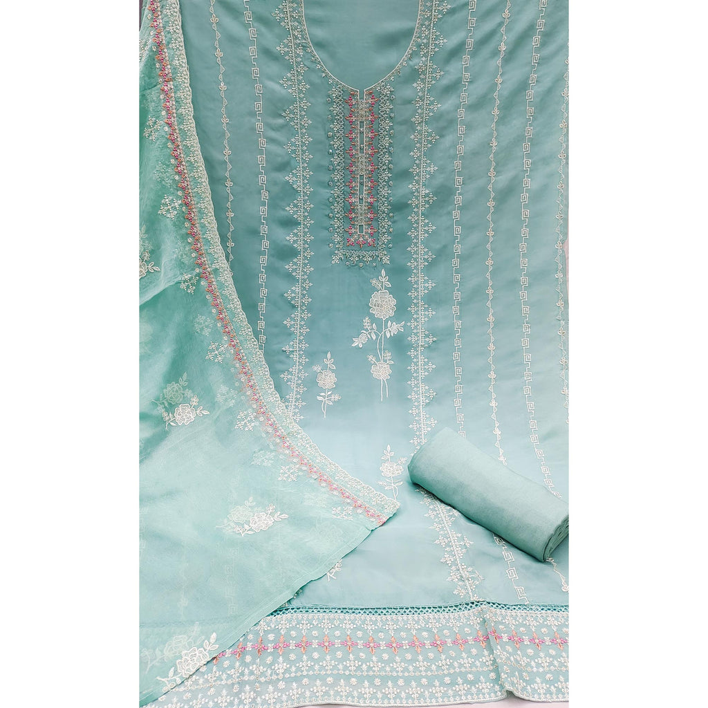 Blue Floral Embroidered Organza Dress Material