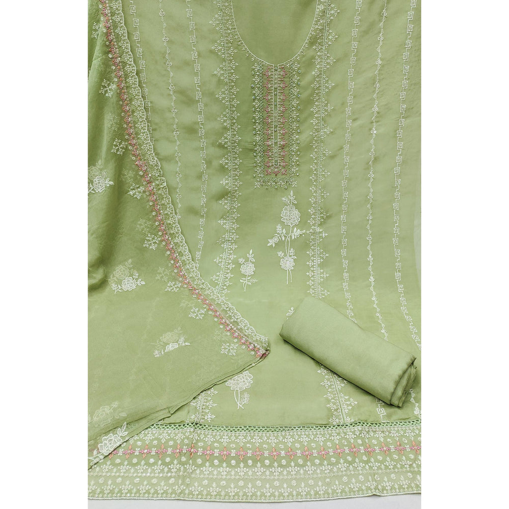 Green Floral Embroidered Organza Dress Material