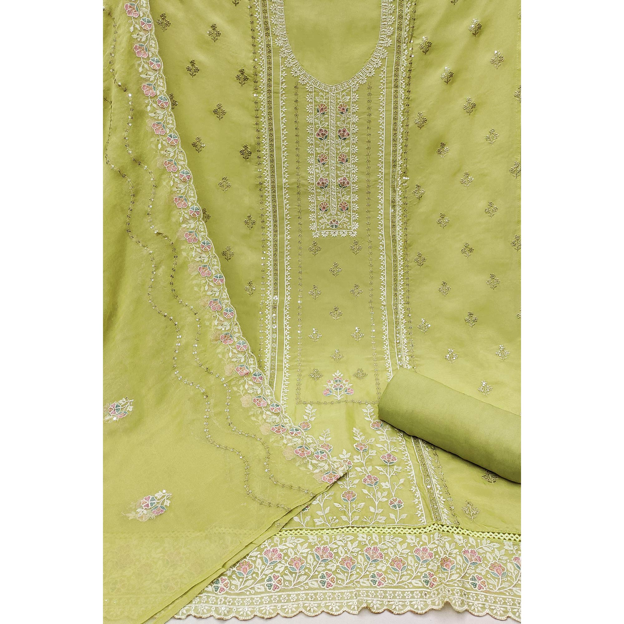 Green Floral Sequins Embroidered Organza Dress Material