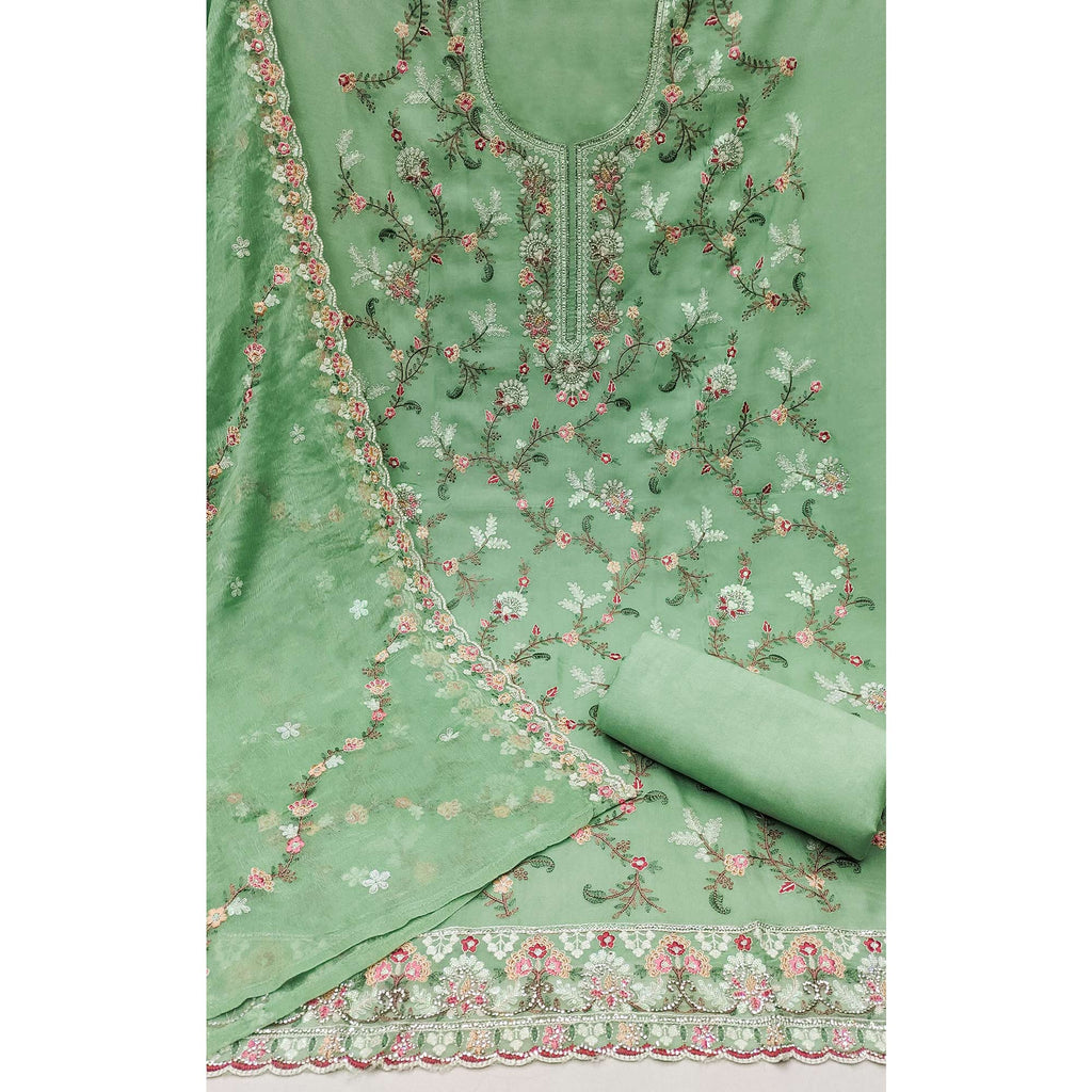 Green Floral Sequins Embroidered Georgette Dress Material