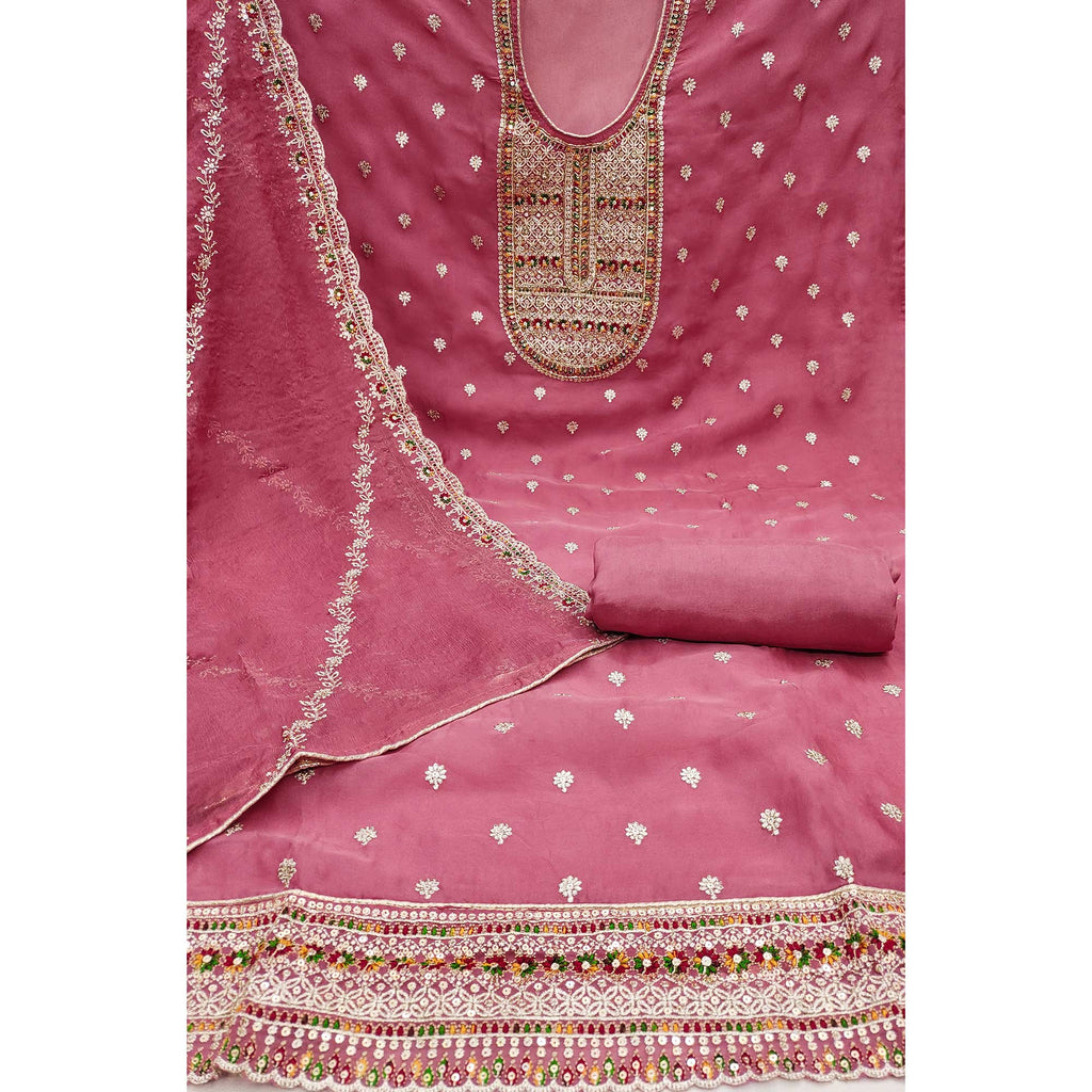 Dusty Pink Embroidered Organza Dress Material