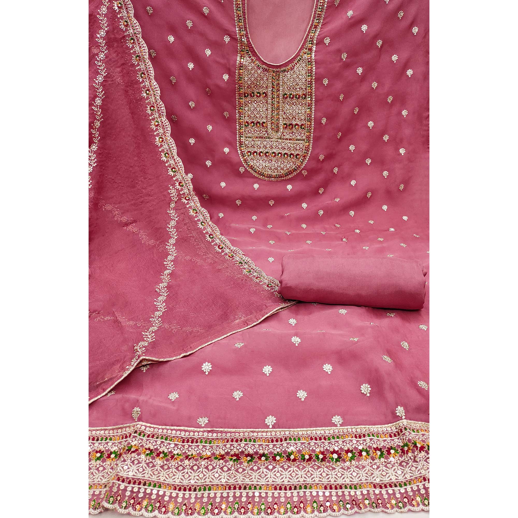 Dusty Pink Embroidered Organza Dress Material