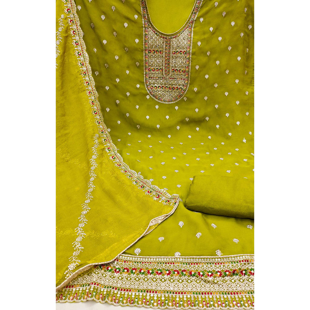 Green Embroidered Organza Dress Material