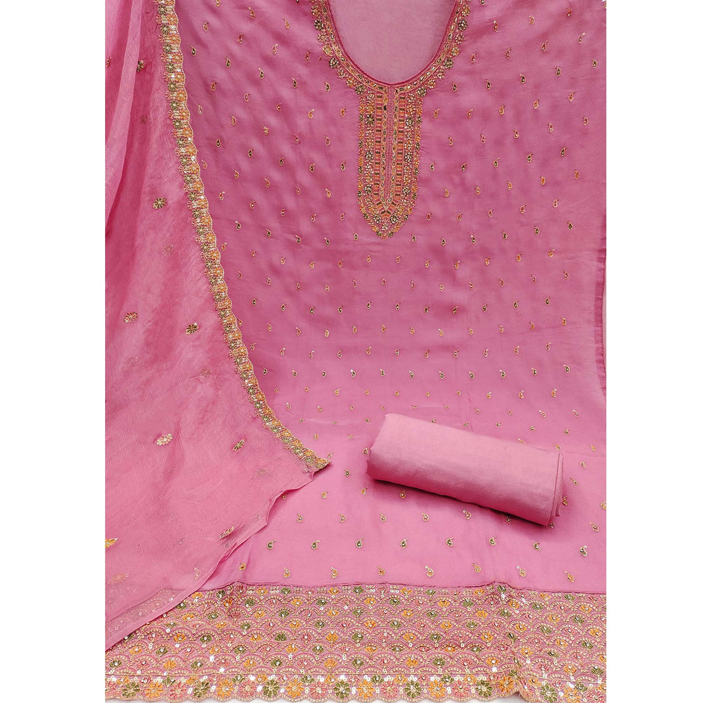 Pink Sequins Embroidered With Mirror Work Organza Dress Material