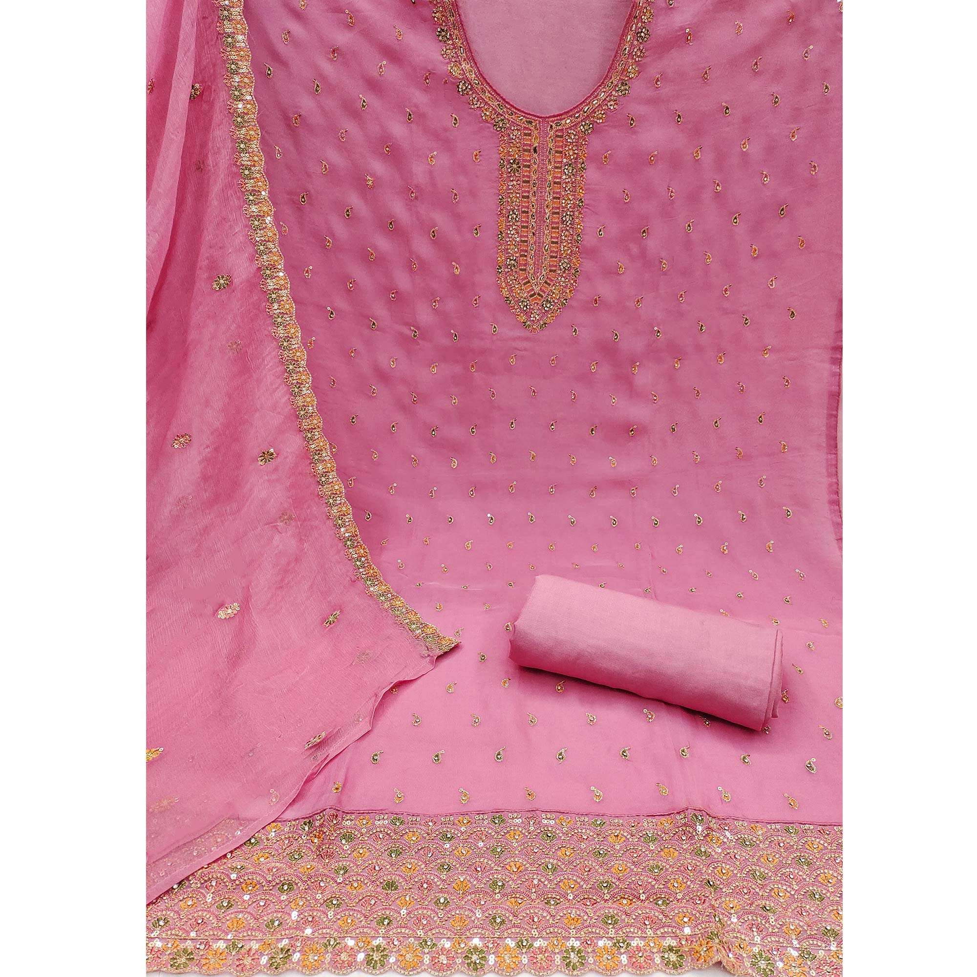 Pink Sequins Embroidered With Mirror Work Organza Dress Material