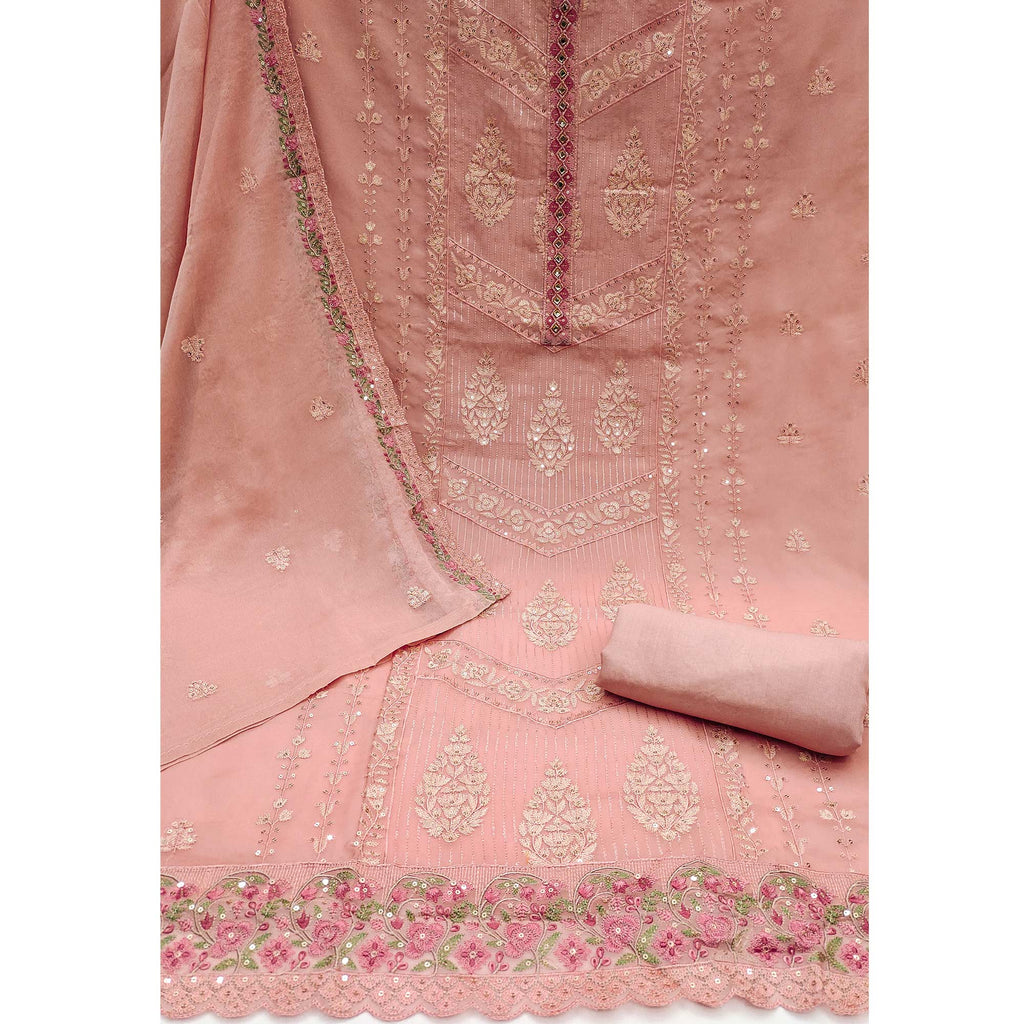 Peach Floral Sequins Embroidered Organza Dress Material