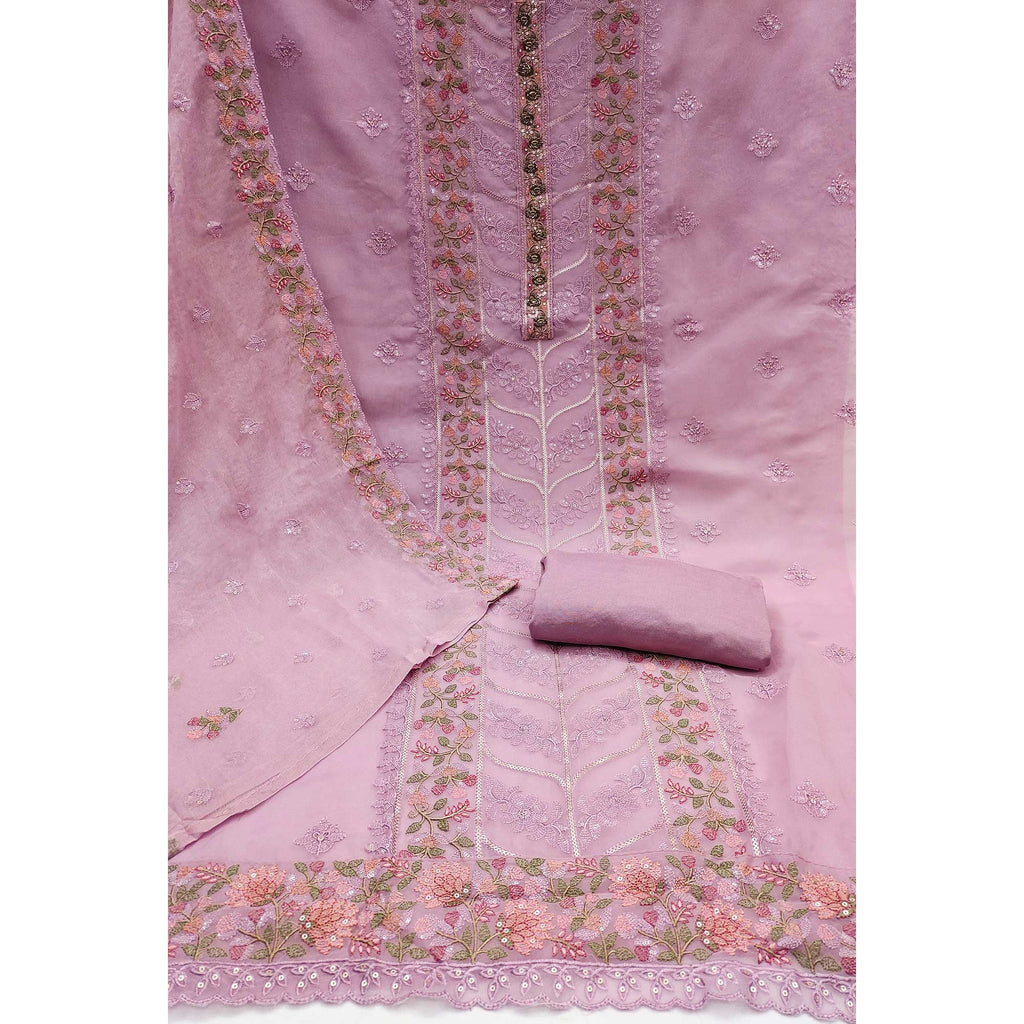 Light Purple Floral Sequins Embroidered Organza Dress Material