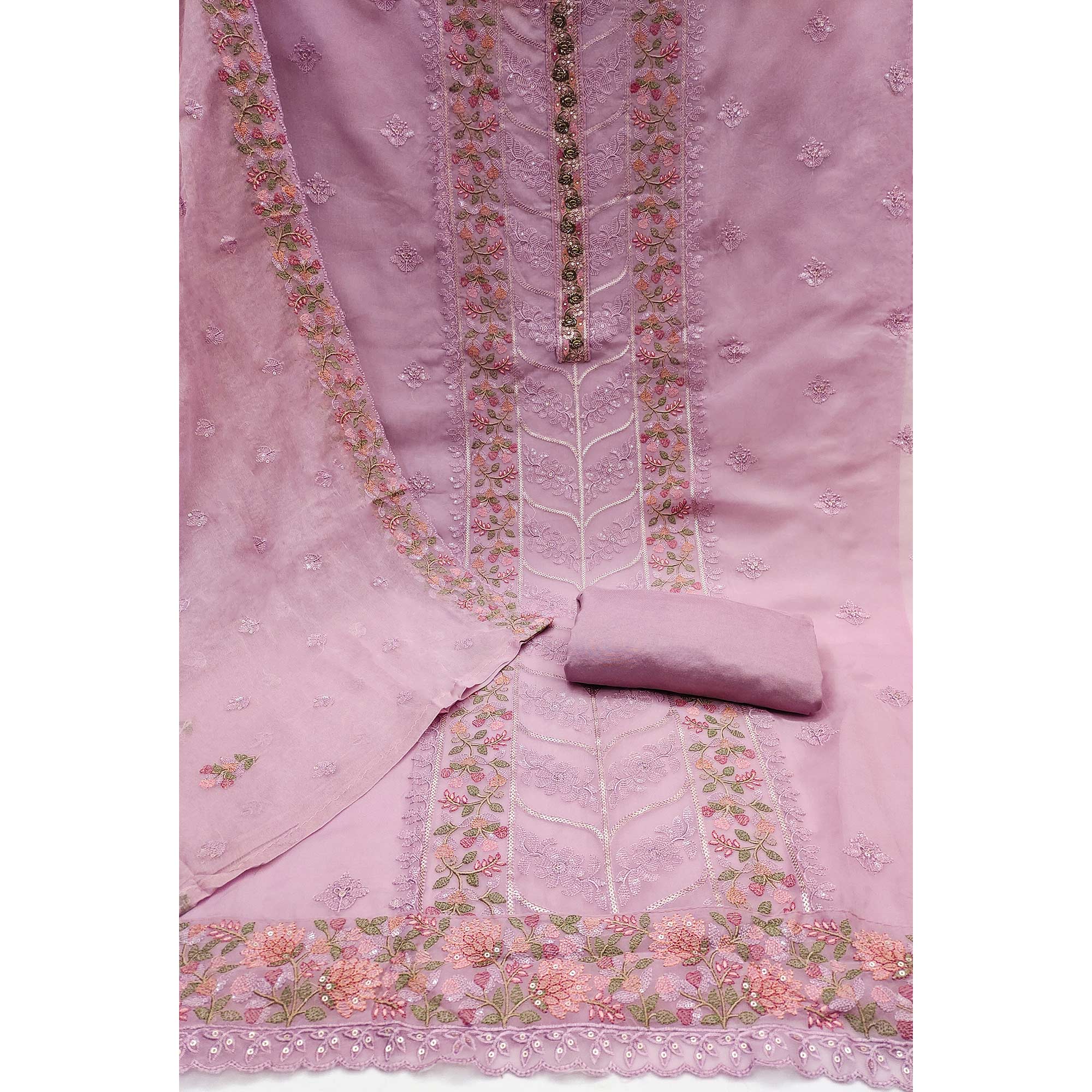 Light Purple Floral Sequins Embroidered Organza Dress Material