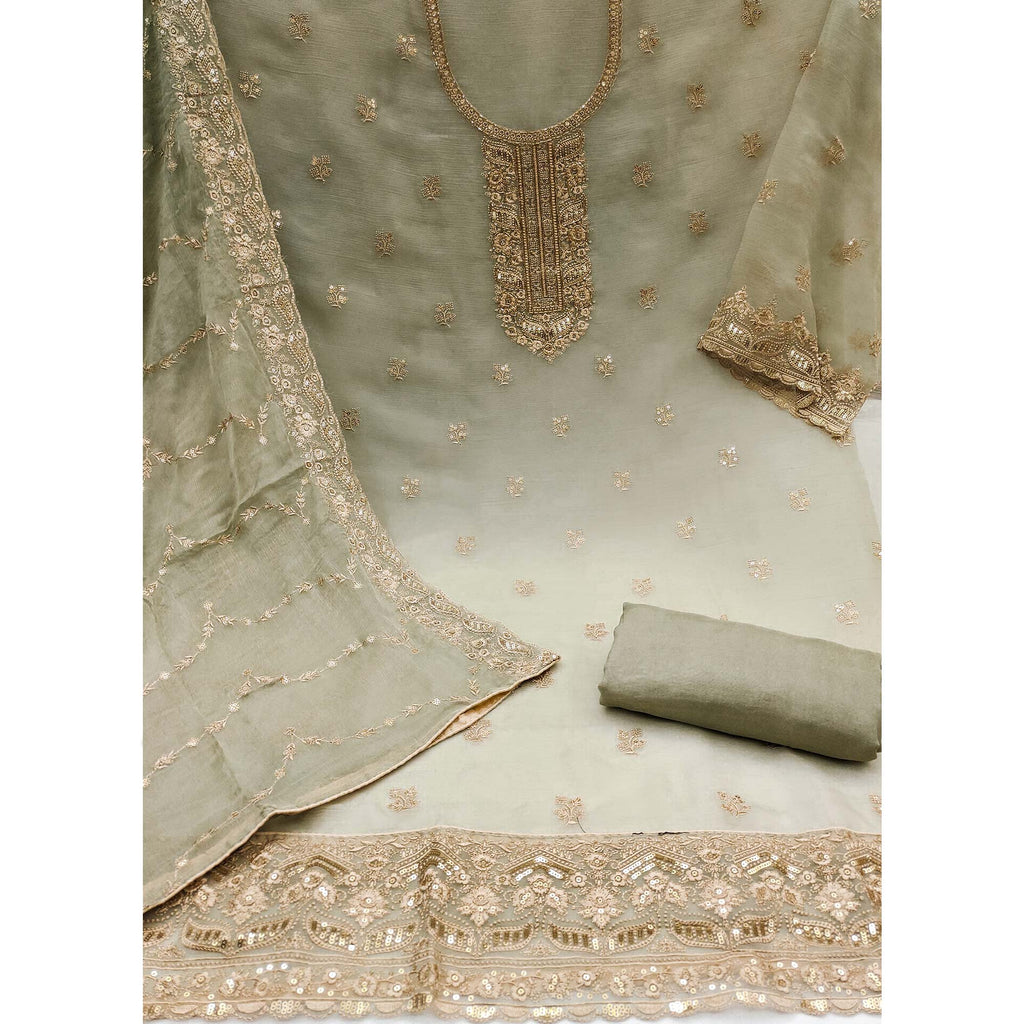 Green Floral Sequins Embroidered Chiffon Dress Material