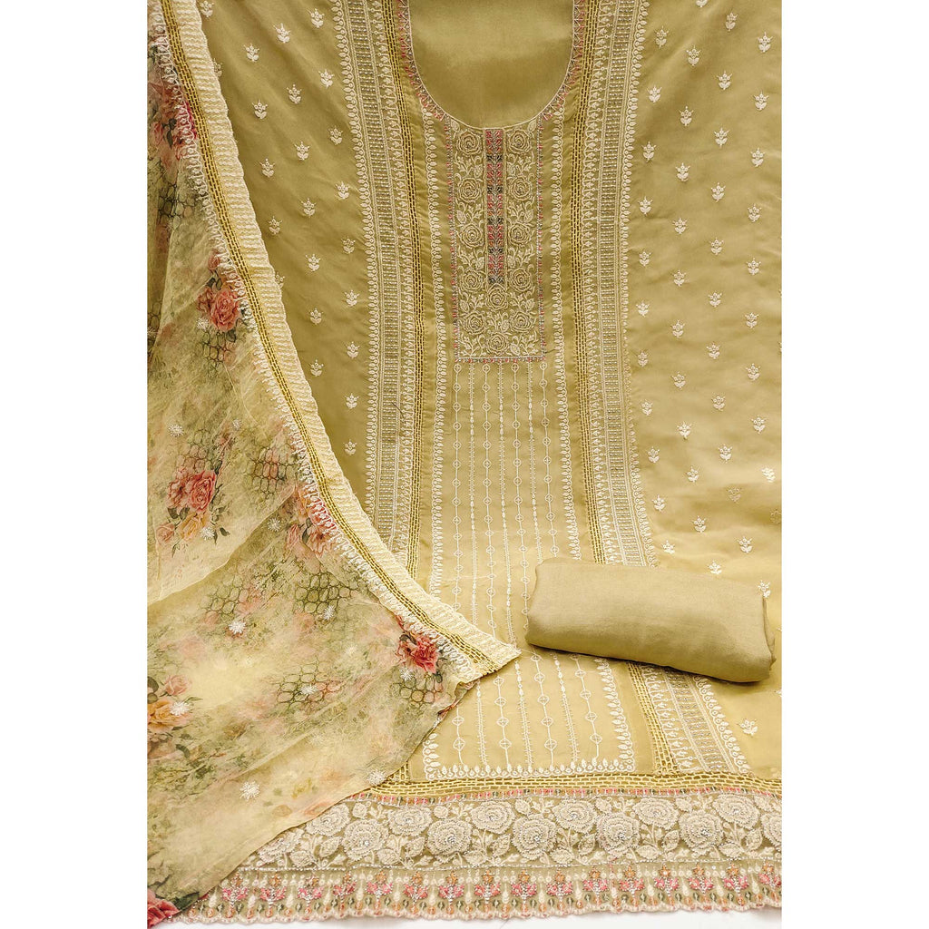 Beige Floral Hand Embroidered Organza Dress Material