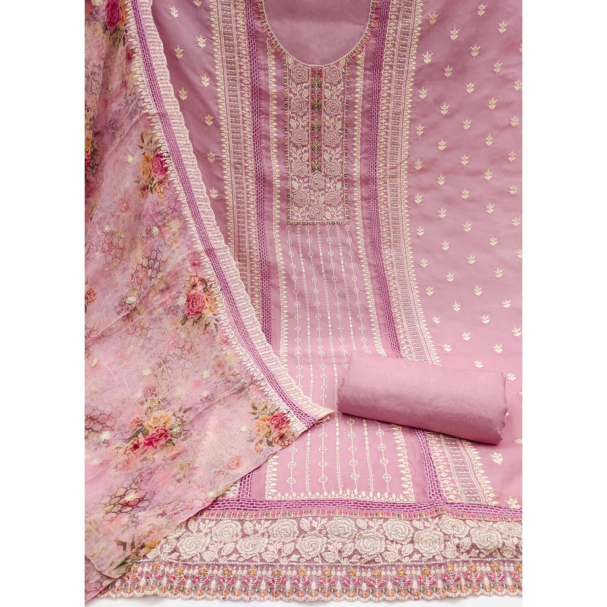 Pink Floral Hand Embroidered Organza Dress Material