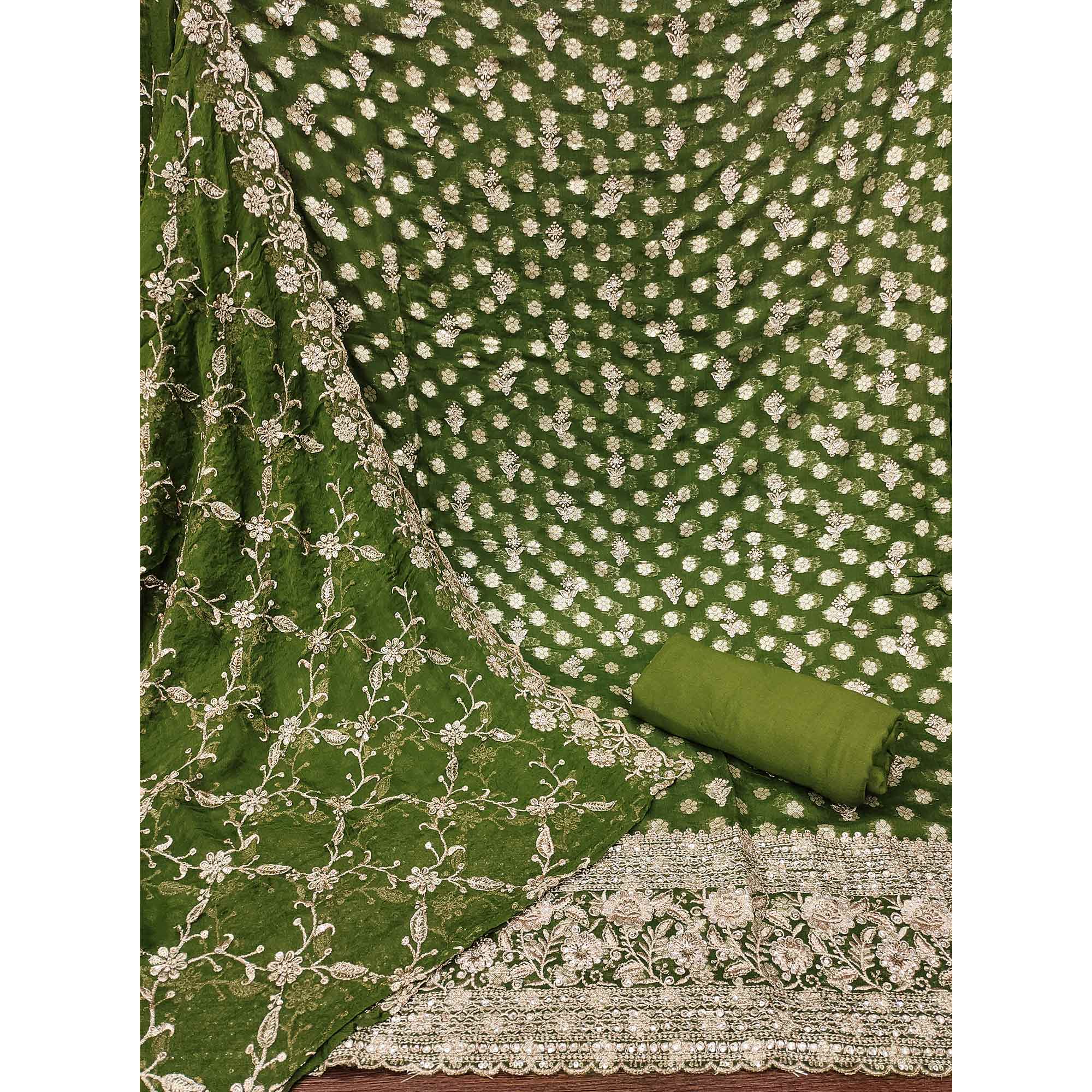 Green Floral Embroidered With Woven Georgette Dress Material