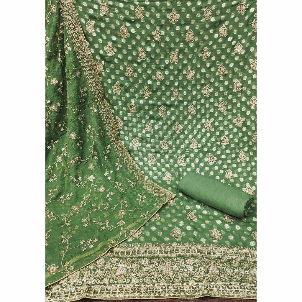 Green Floral Embroidered With Woven Georgette Dress Material