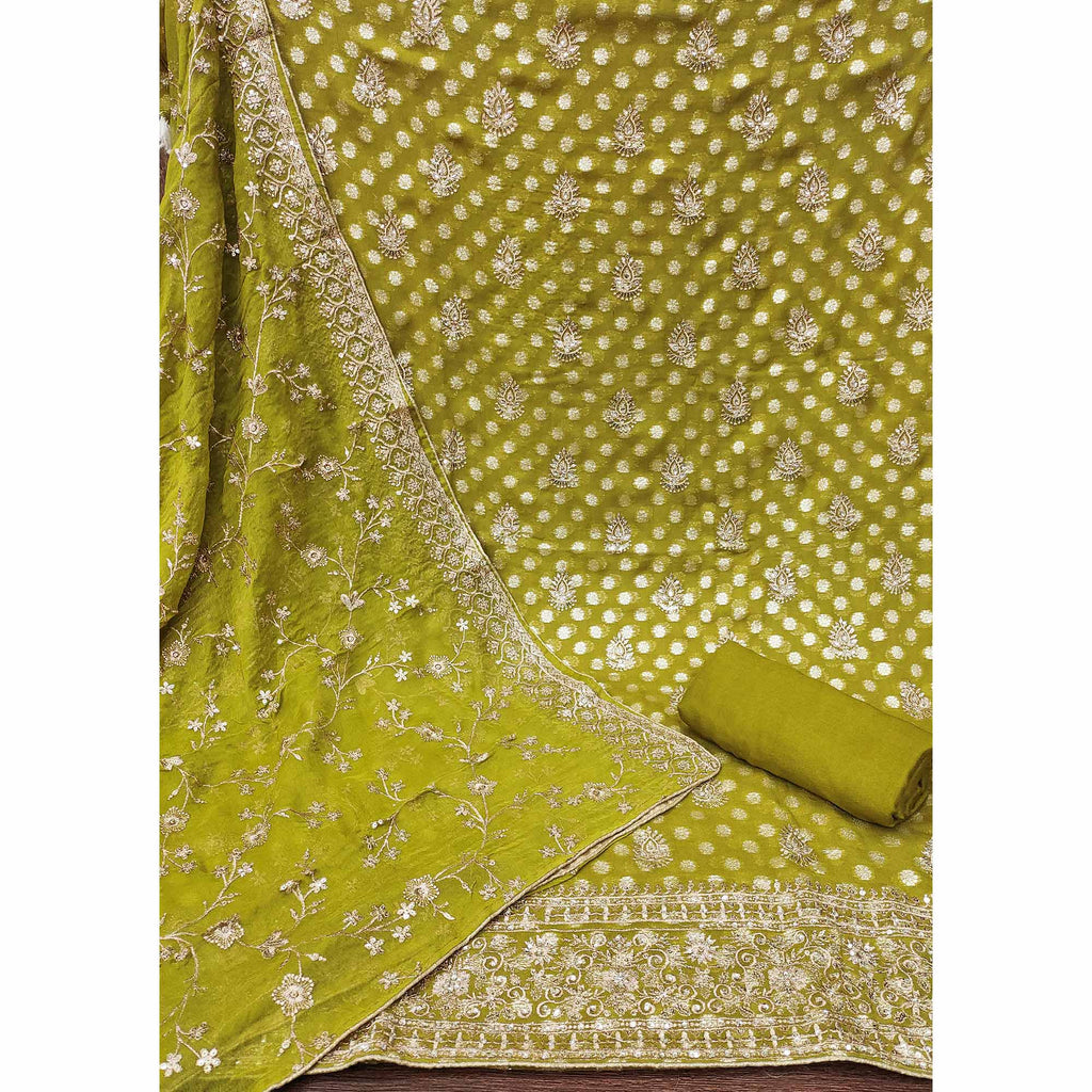 Mehendi Green Floral Embroidered With Woven Georgette Dress Material