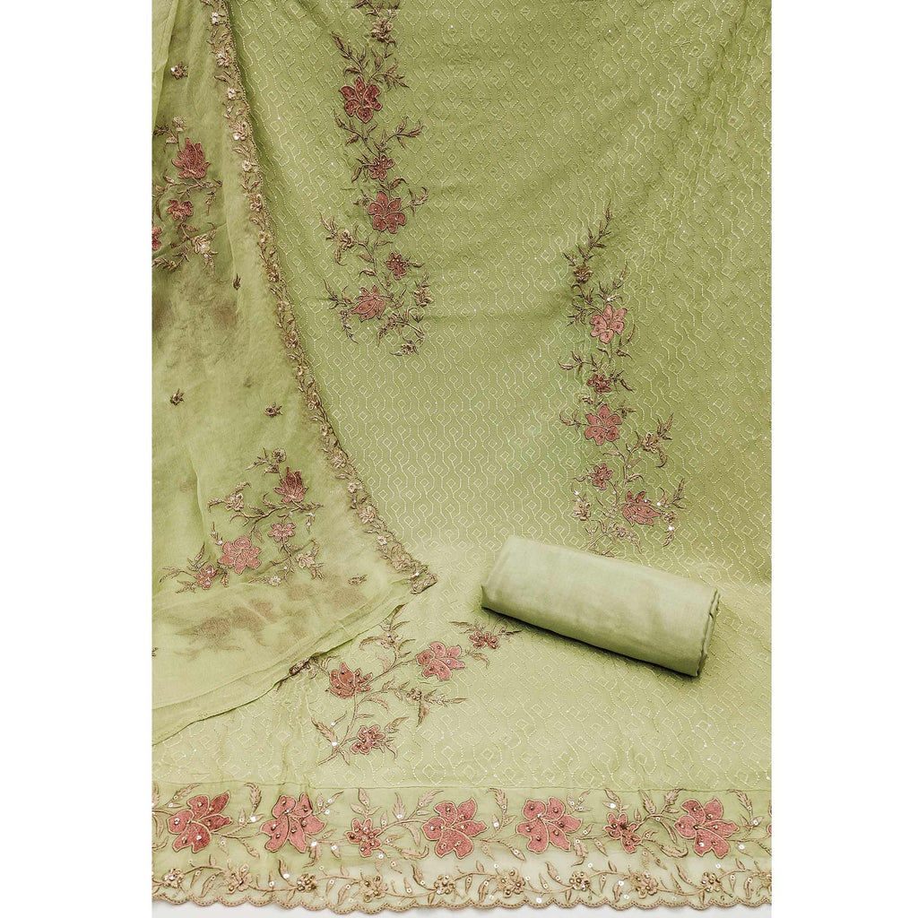 Green Floral Embroidered Organza Dress Material