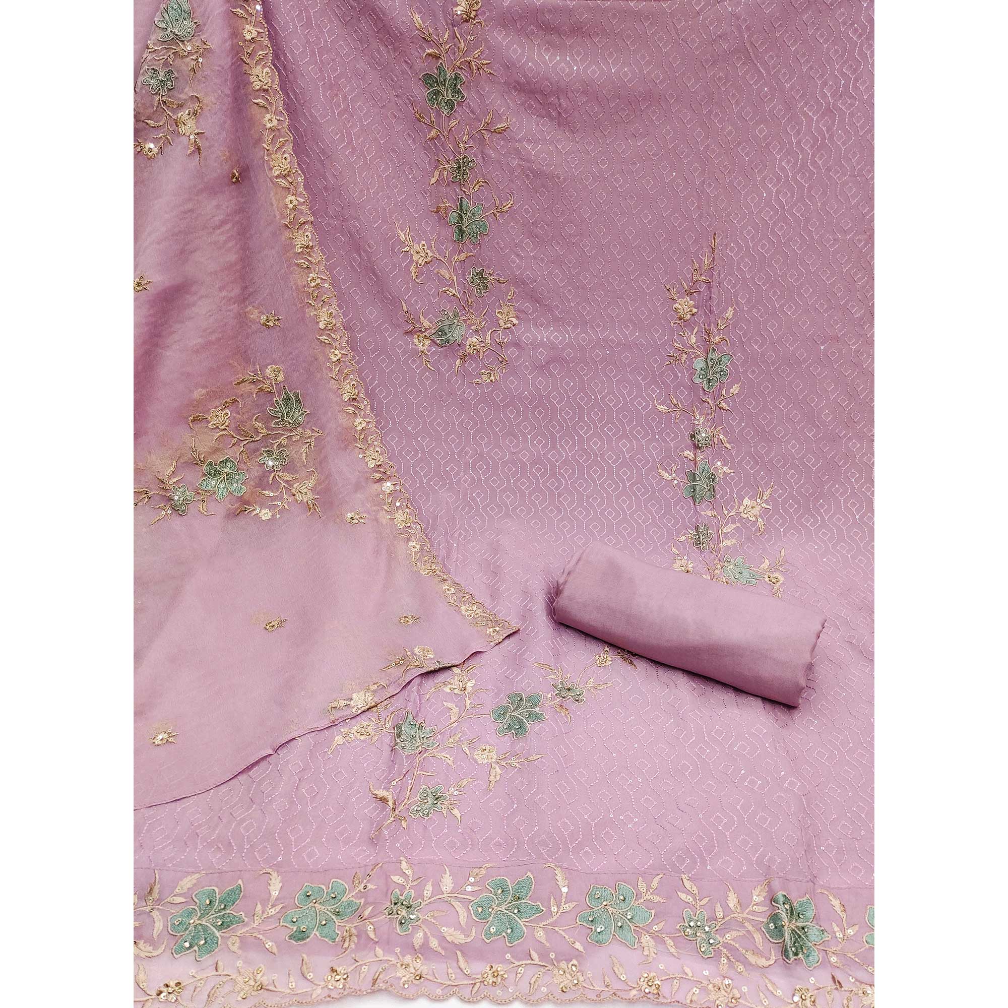Light Mauve Floral Embroidered Organza Dress Material