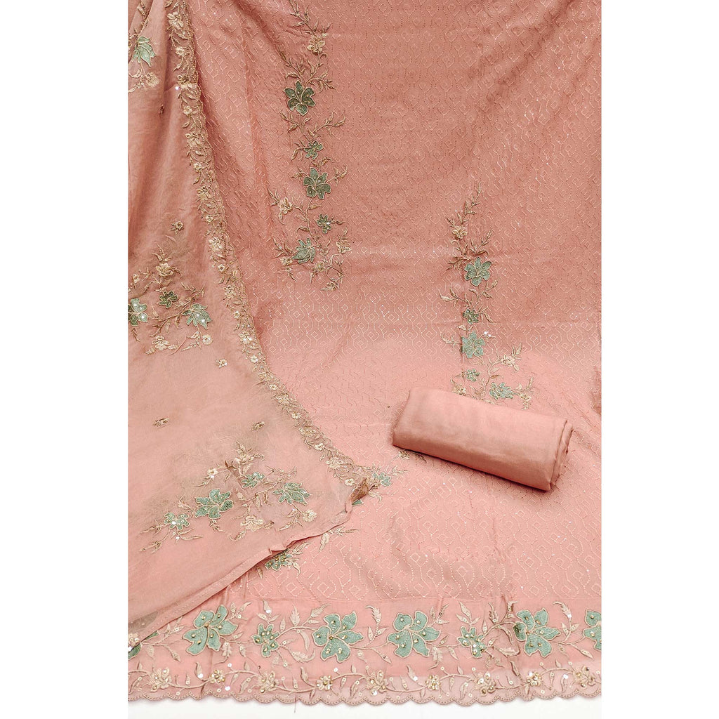 Peach Floral Embroidered Organza Dress Material