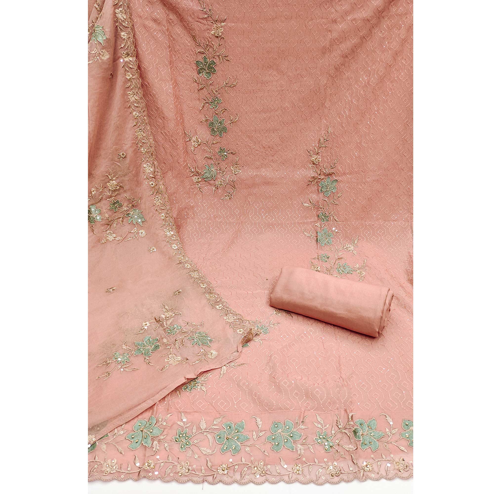 Peach Floral Embroidered Organza Dress Material